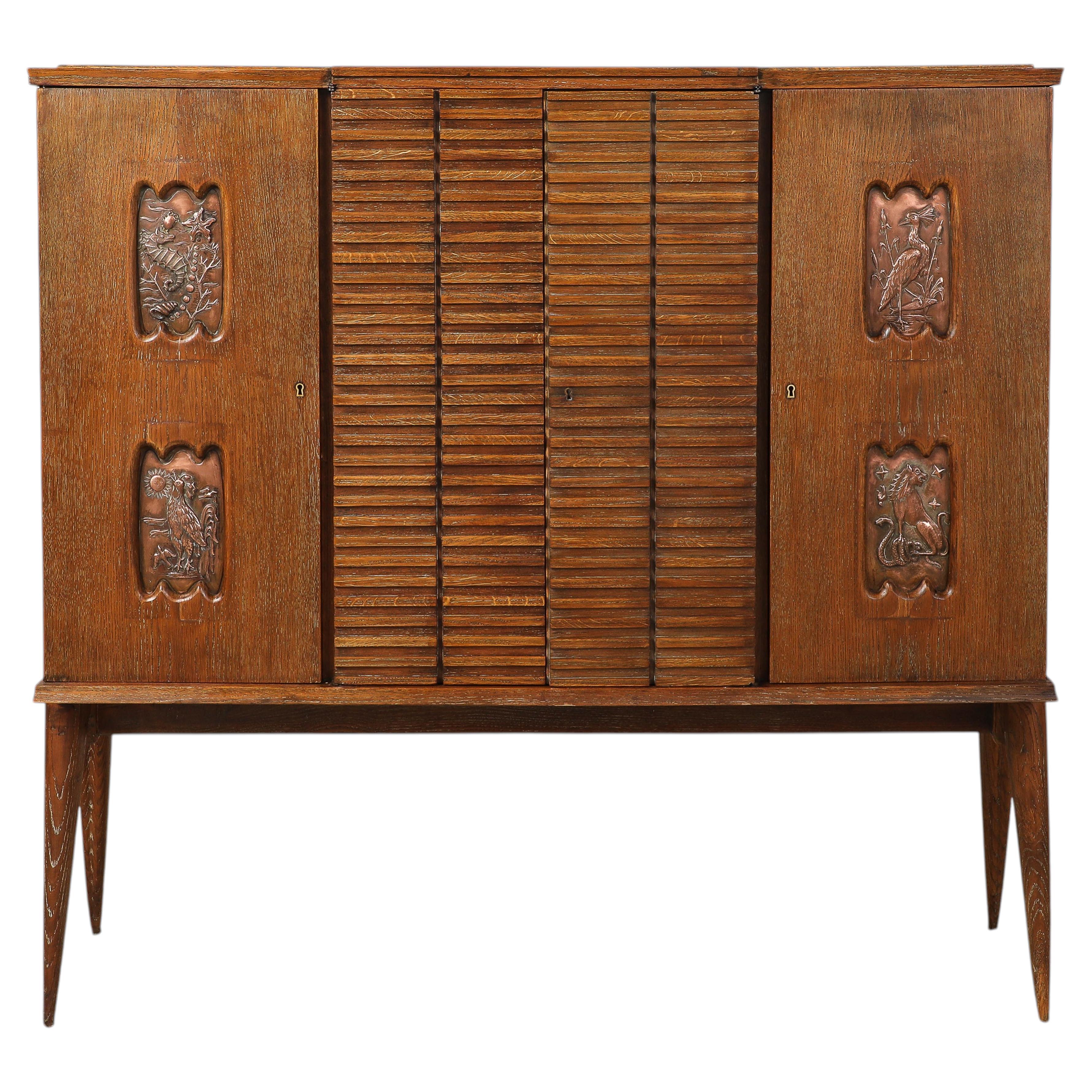 Italian Modernist Sculptural Cerused Oak Dry Bar Cabinet, circa 1940