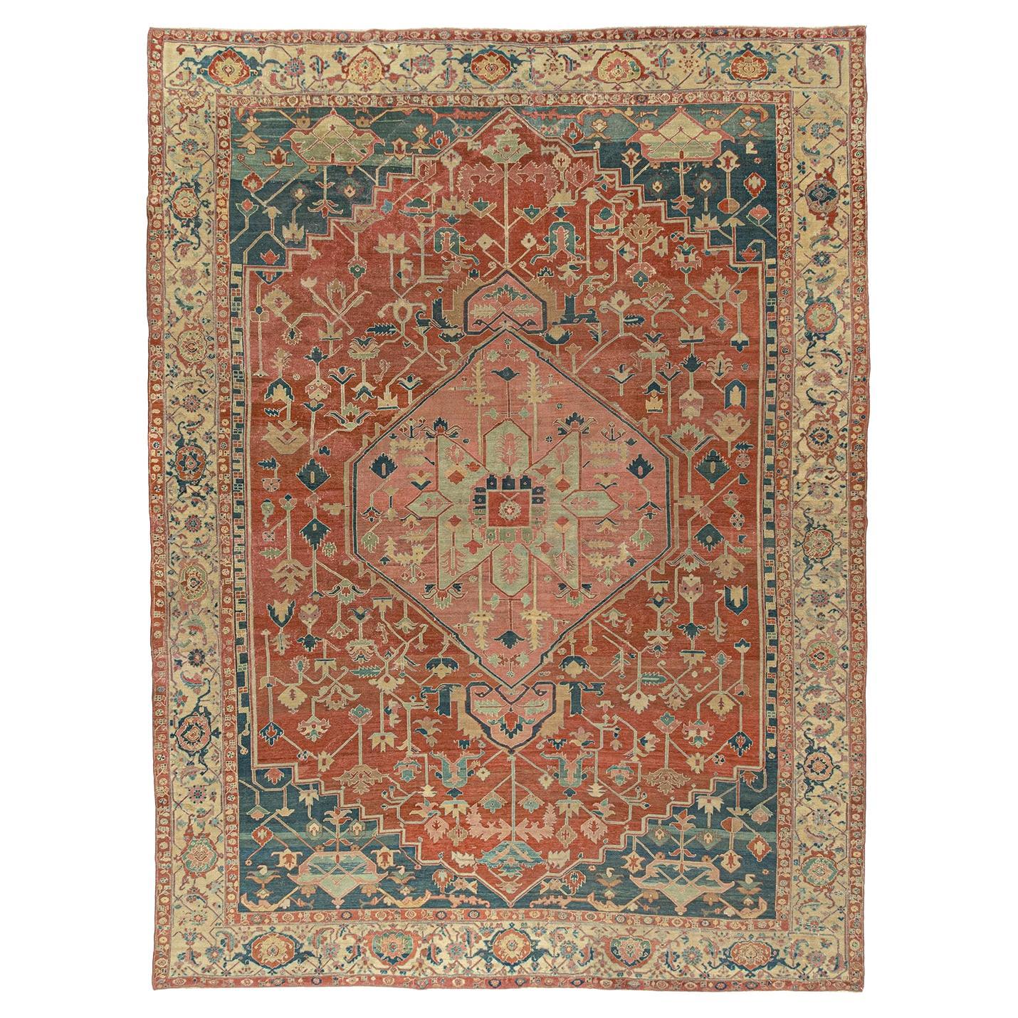 Antike CIRCA 1890 Rosa Persisch Serapi Heriz Teppich, 11'4 x 15'1 im Angebot