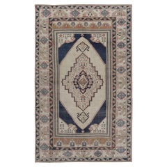 Vintage Circa 1940 Ivory & Blue Oushak Area Rug Hand-Woven Wool 3'9 x 6'1
