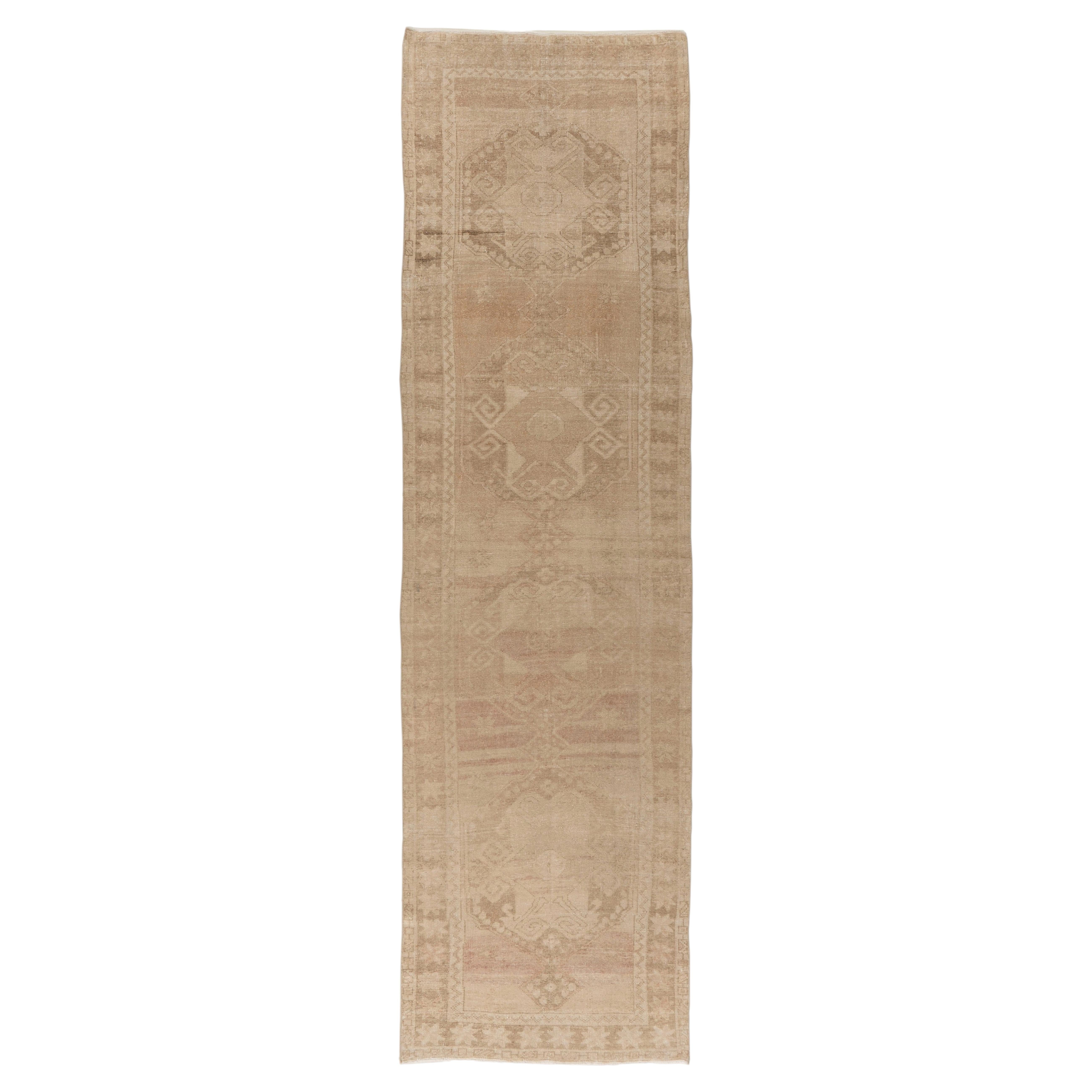 Vintage Circa 1940 Tan Turkish Oushak Hand Knotted Wool Runner 3'7 X 12'9