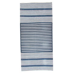 Antique Circa 1920 Blue Stripes Indian Dhurrie Rug Hand-Woven Wool 7'9 x 16'6
