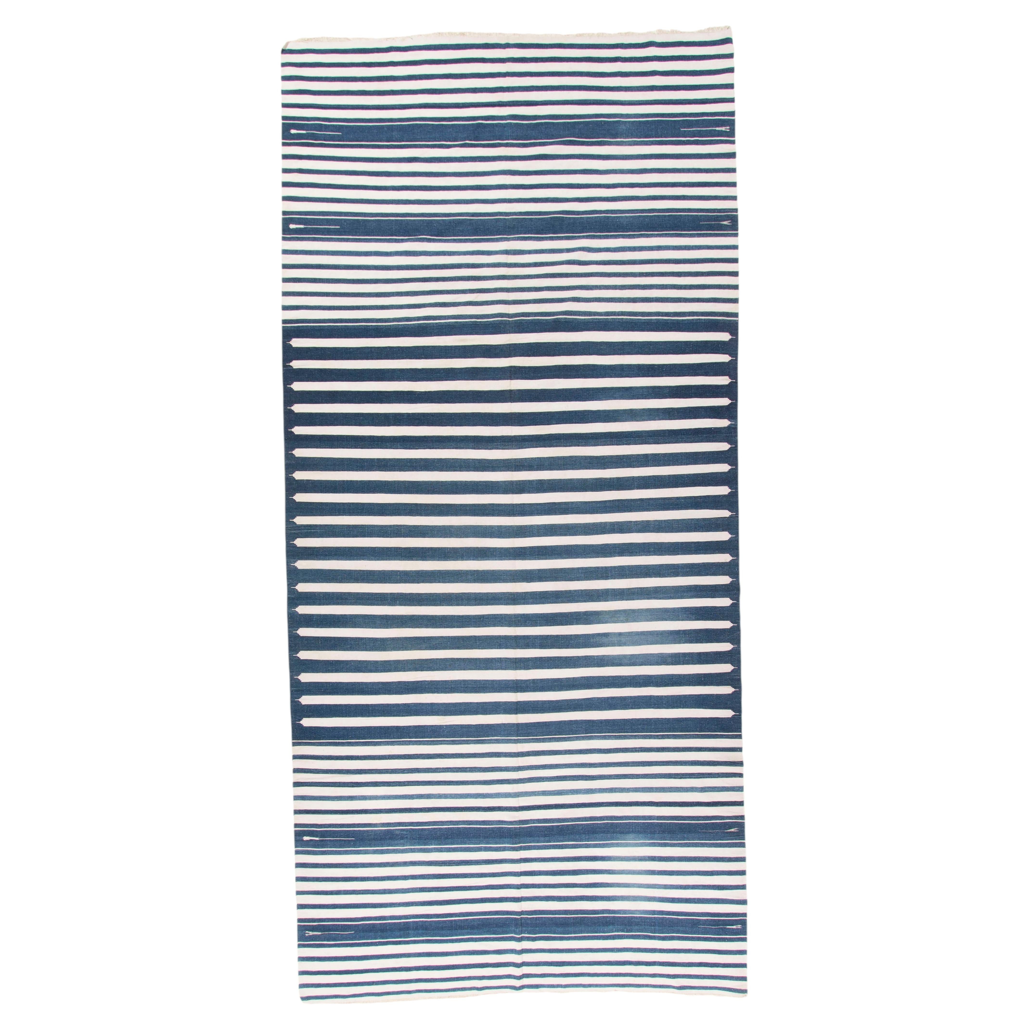 Antique Circa 1920 Blue Stripes Indian Dhurrie Rug Hand-Woven Wool 7'9 x 16'6 For Sale