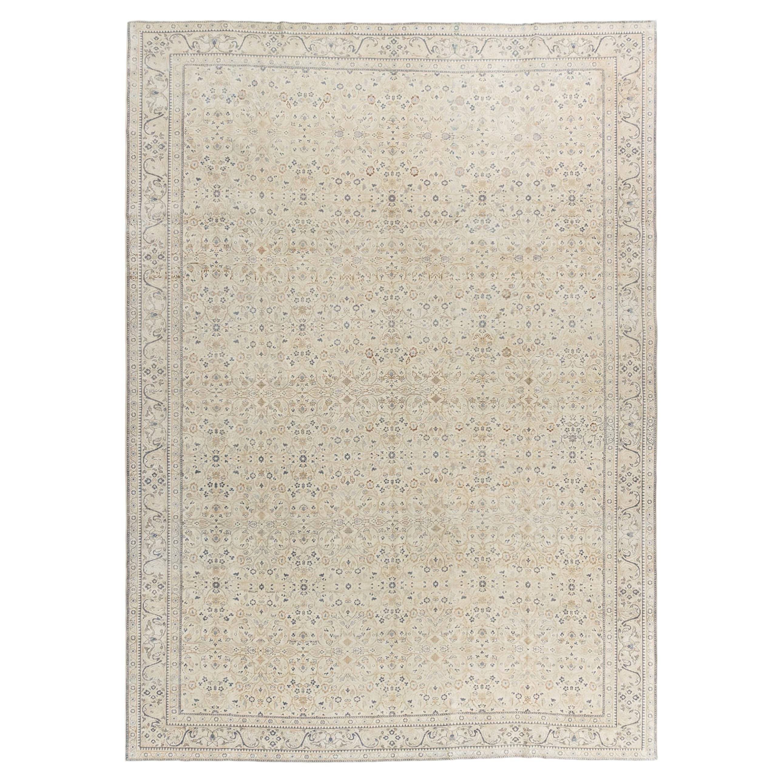 Vintage Ivory & Slate Blue Hand-Knotted Turkish Sivas Wool Rug 8'10 x 12'2