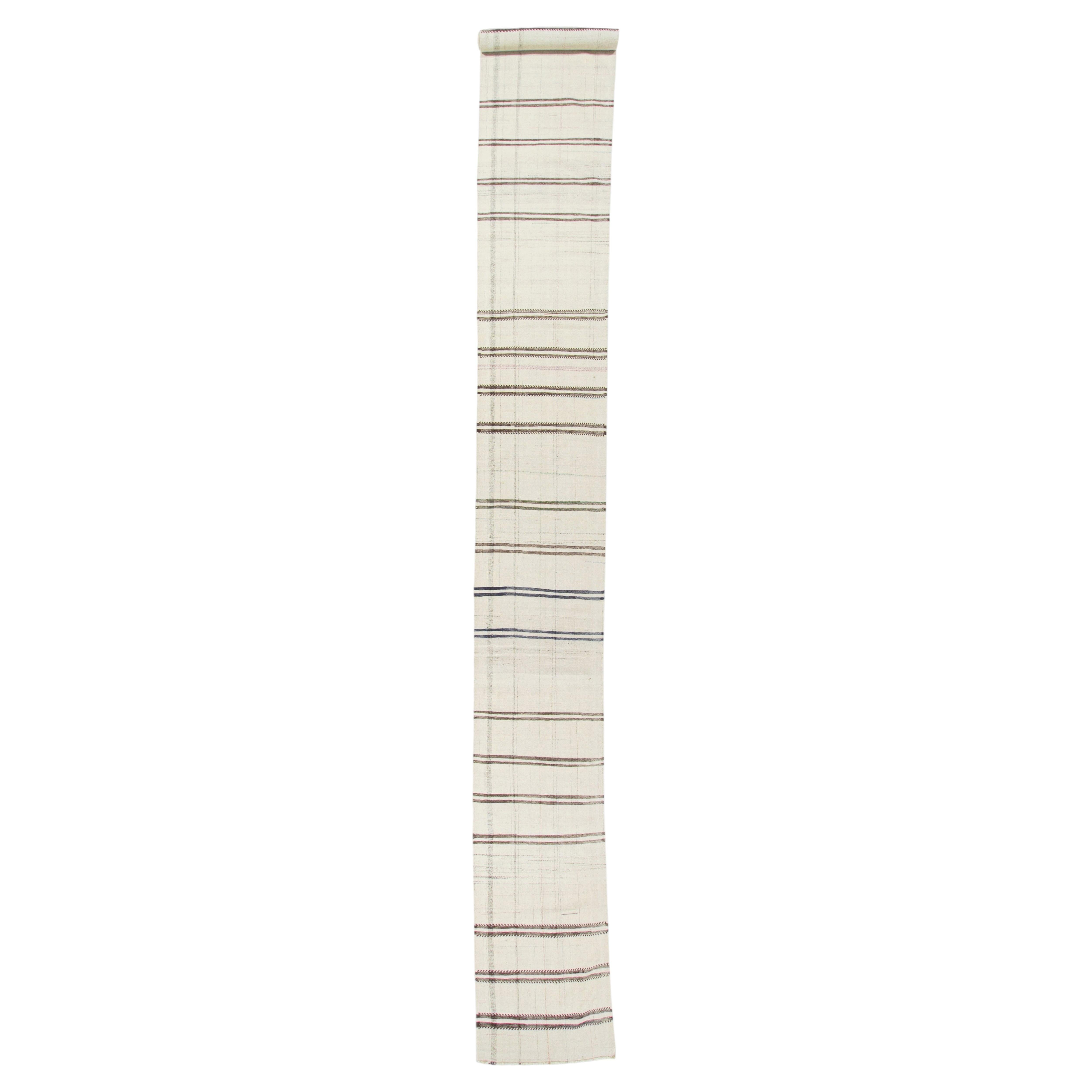 Vintage Extra Long Ivory Turkish Wool Hand Knotted Kilim Runner 2'3 x 26'3