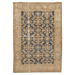 Tapis oriental ancien en laine, datant d'environ 1890, bleu discret, aspect vieilli, noué à la main, 4'4 x 5'5