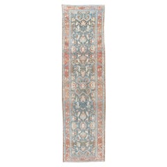 Tapis de passage oriental ancien en laine, tissé à la main, bleu discret, datant des années 1920 environ, 3'3 x 12'10