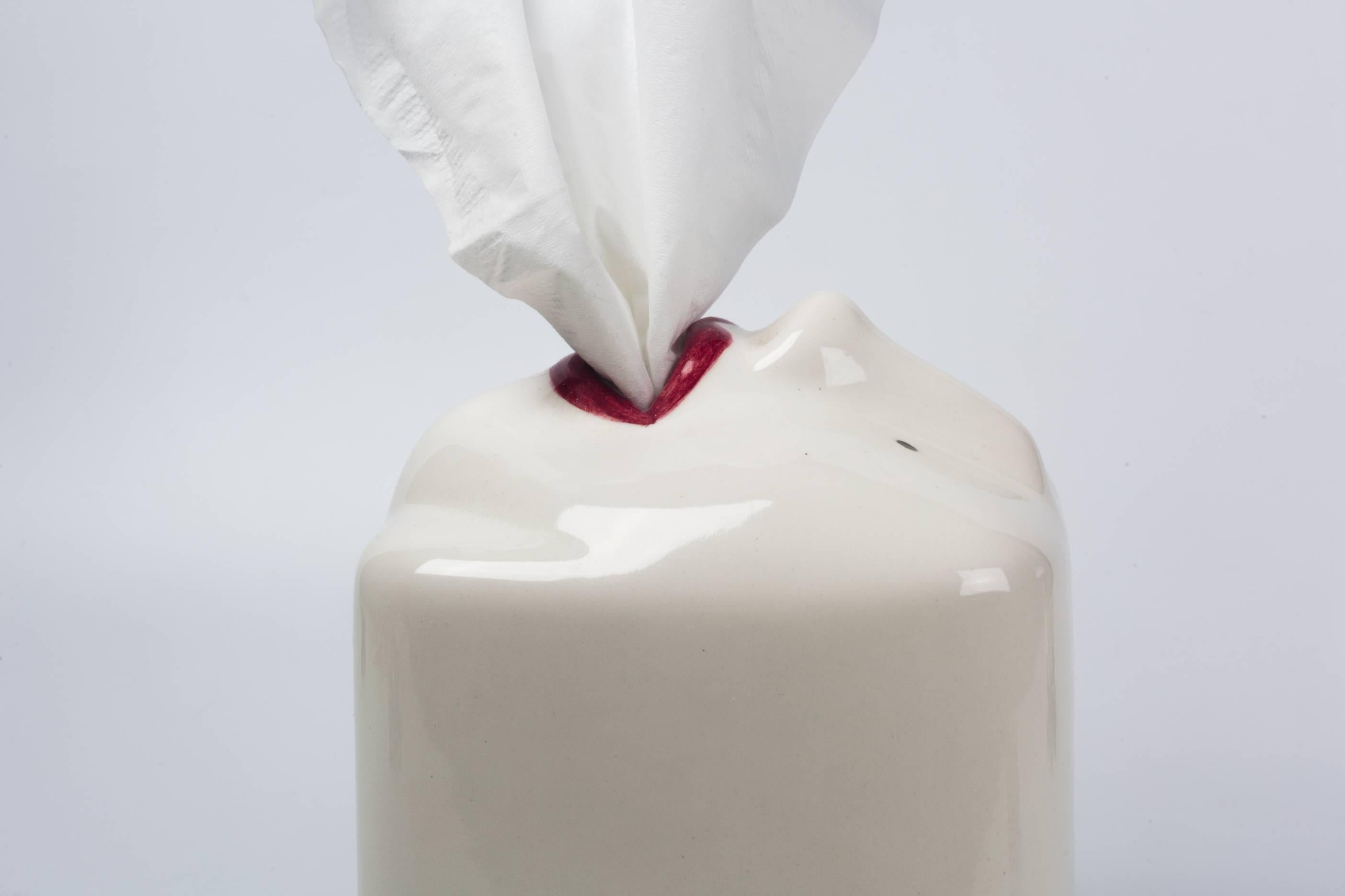 Post-Modern Ceramic White Tissue Box with Face and Mouth Ouverture
