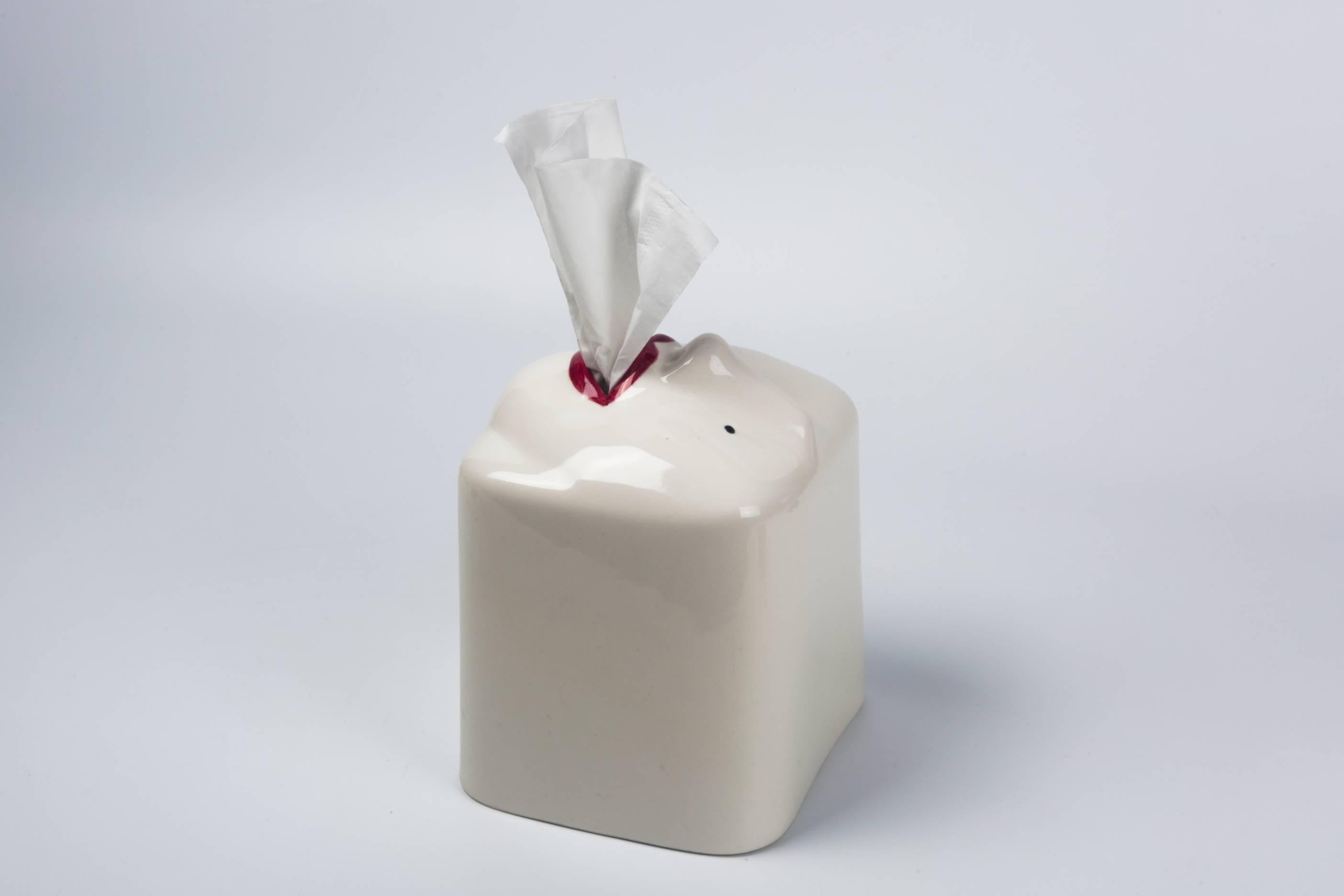 American Ceramic White Tissue Box with Face and Mouth Ouverture
