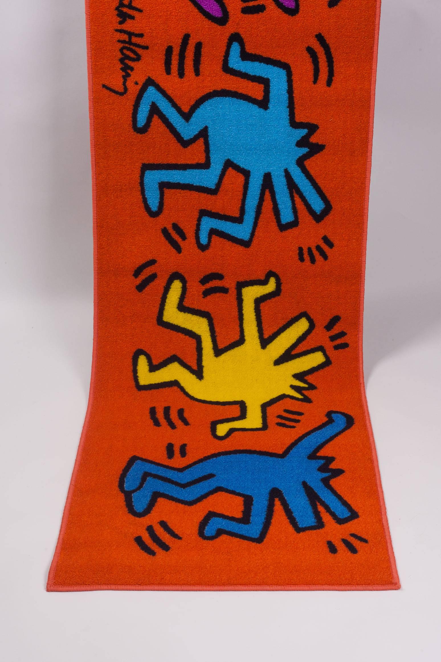 Contemporary Keith Haring Orange Runner rug with Dancing Figures in Blue Green Purple Yellow