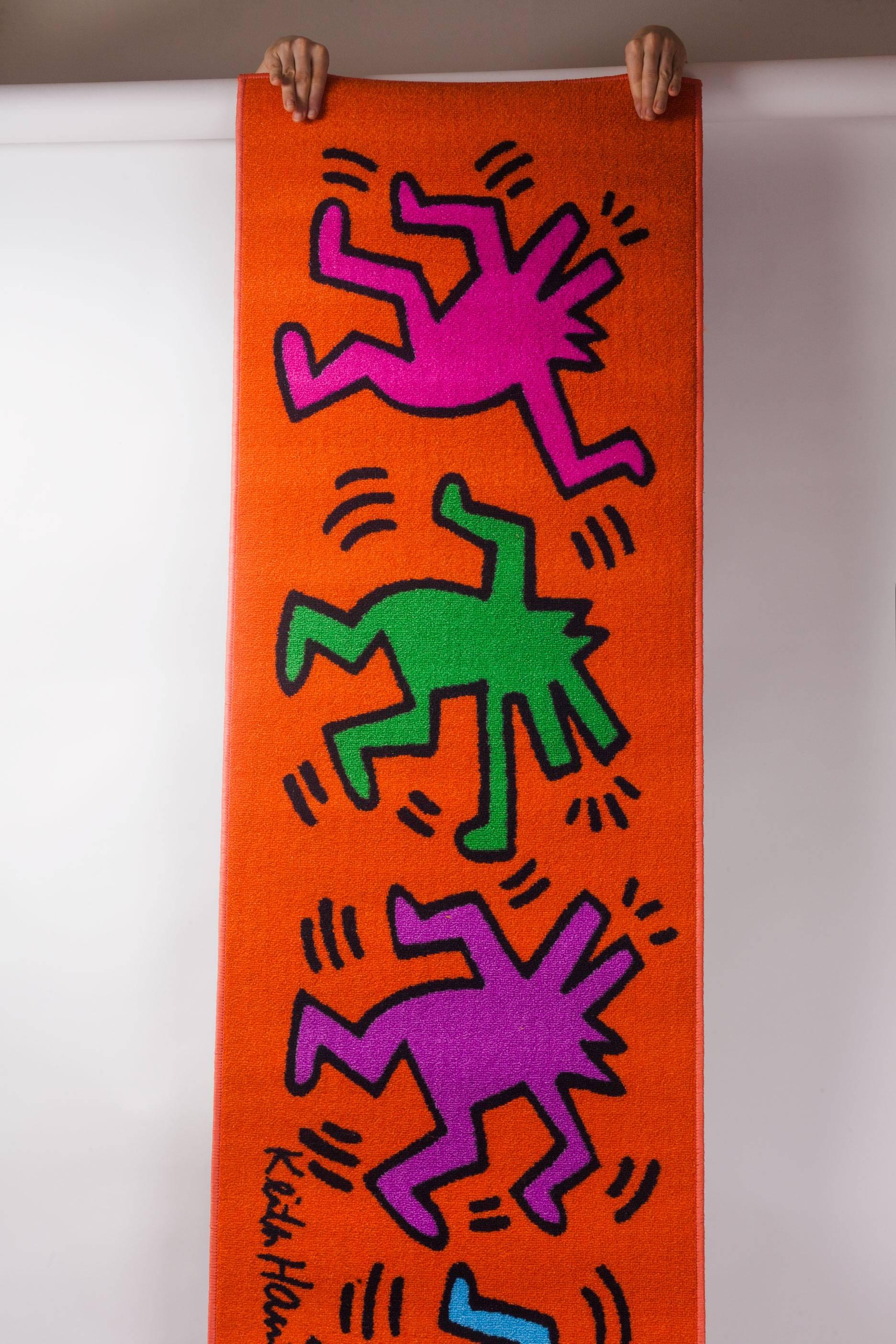 Italian Keith Haring Orange Runner rug with Dancing Figures in Blue Green Purple Yellow