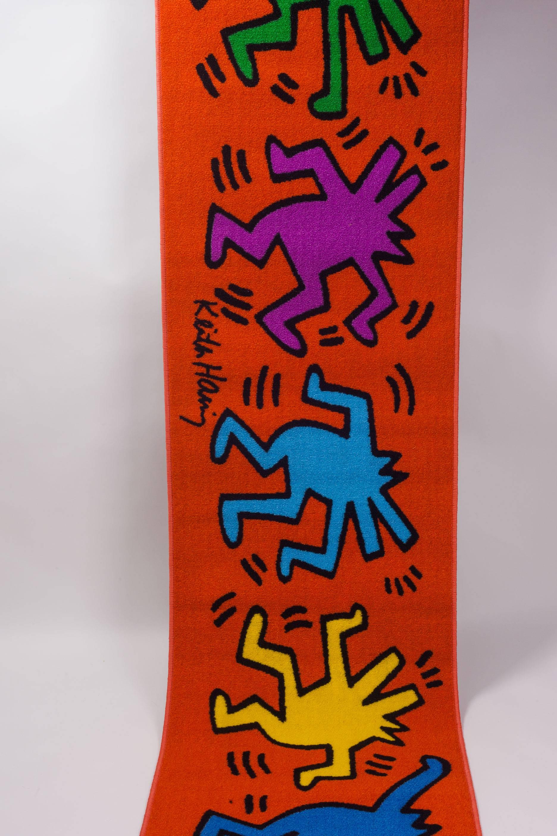 Keith Haring Orange Runner rug with Dancing Figures in Blue Green Purple Yellow In Excellent Condition In Chicago, IL
