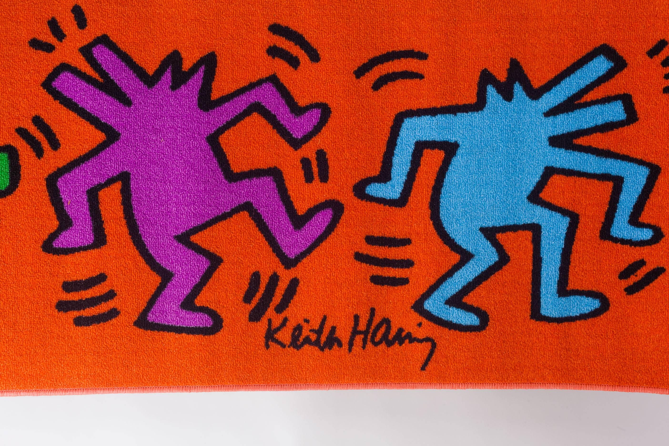 Keith Haring Orange Runner rug with Dancing Figures in Blue Green Purple Yellow 1