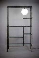 Etagère Shelving in Glass & Torched Textured Metal with lamp, USA 1950s