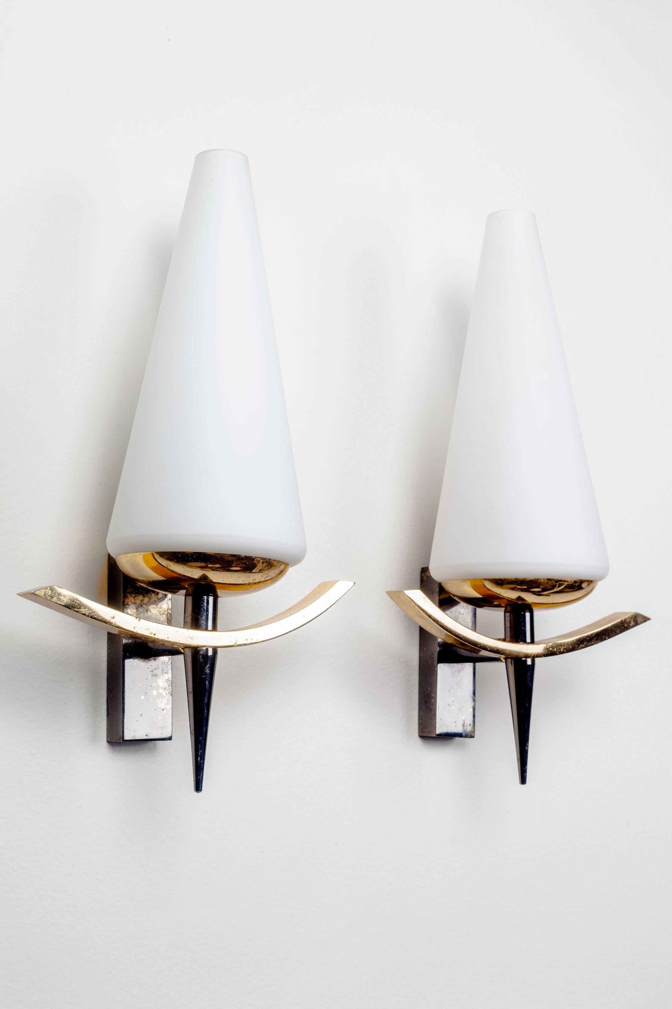 Vintage French Sconces by Arlus with Conic White Glass Shades and Brass, 1950s In Good Condition In Chicago, IL