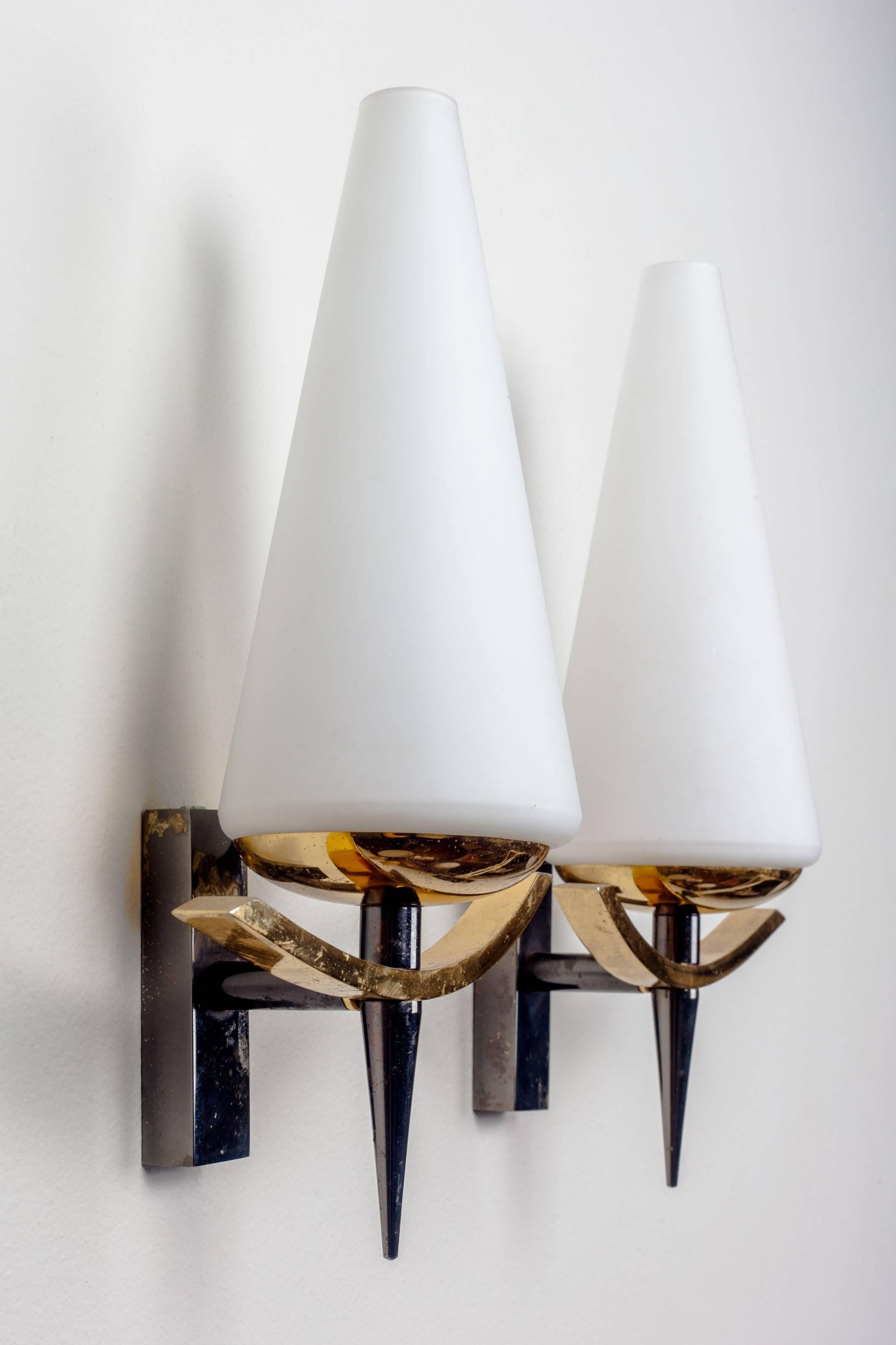 Metal Vintage French Sconces by Arlus with Conic White Glass Shades and Brass, 1950s