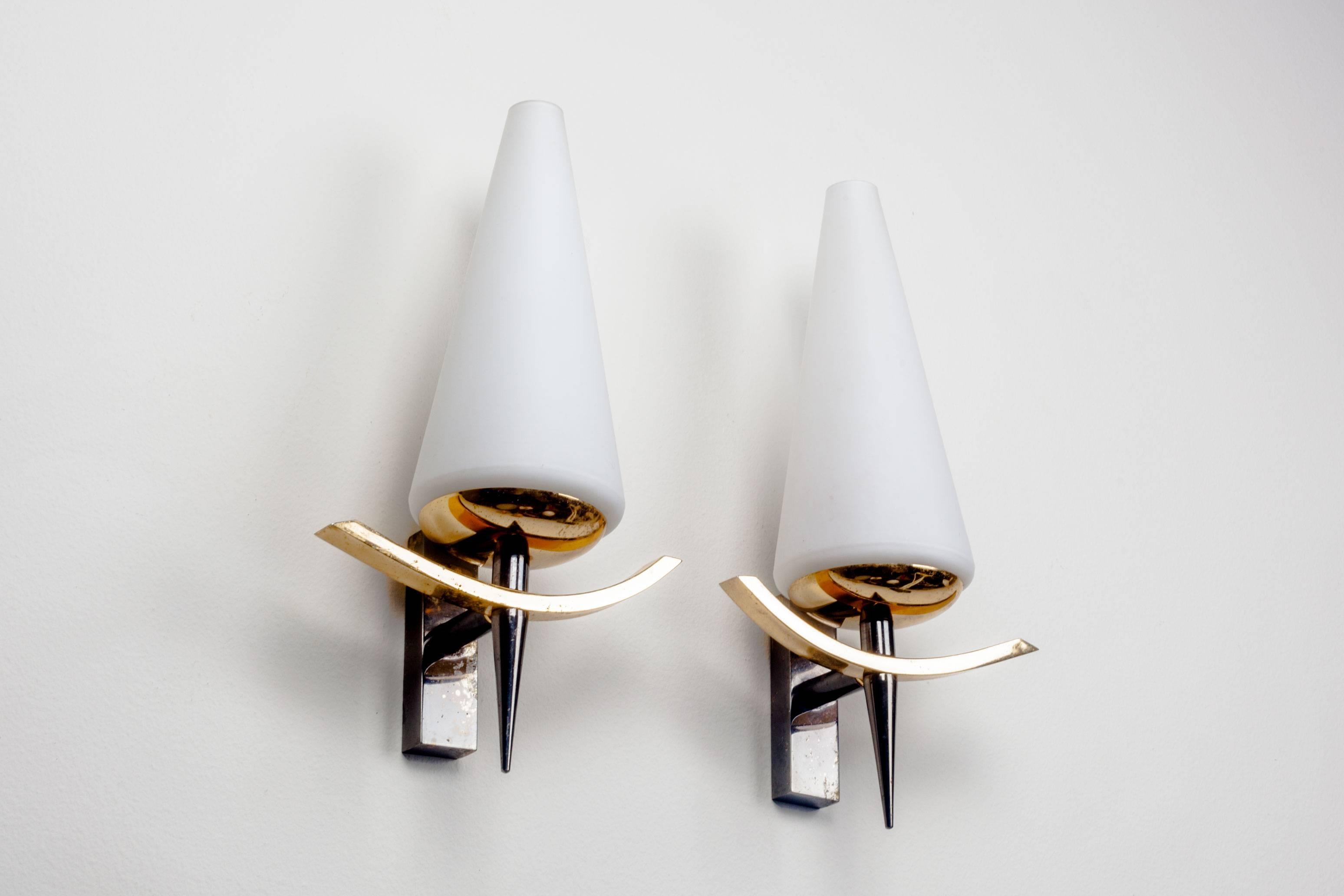 Vintage French Sconces by Arlus with Conic White Glass Shades and Brass, 1950s 1