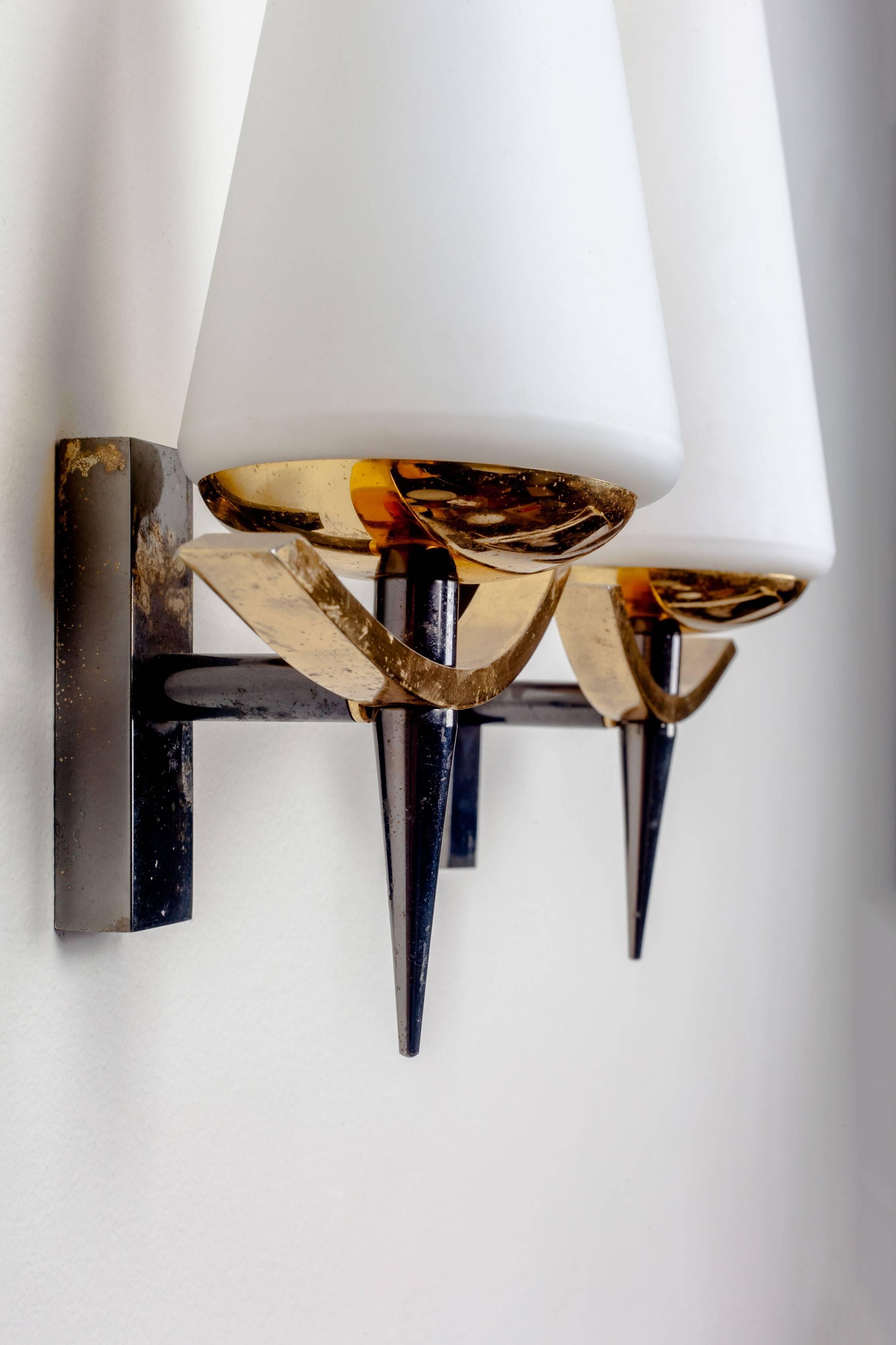 Vintage French Sconces by Arlus with Conic White Glass Shades and Brass, 1950s 2