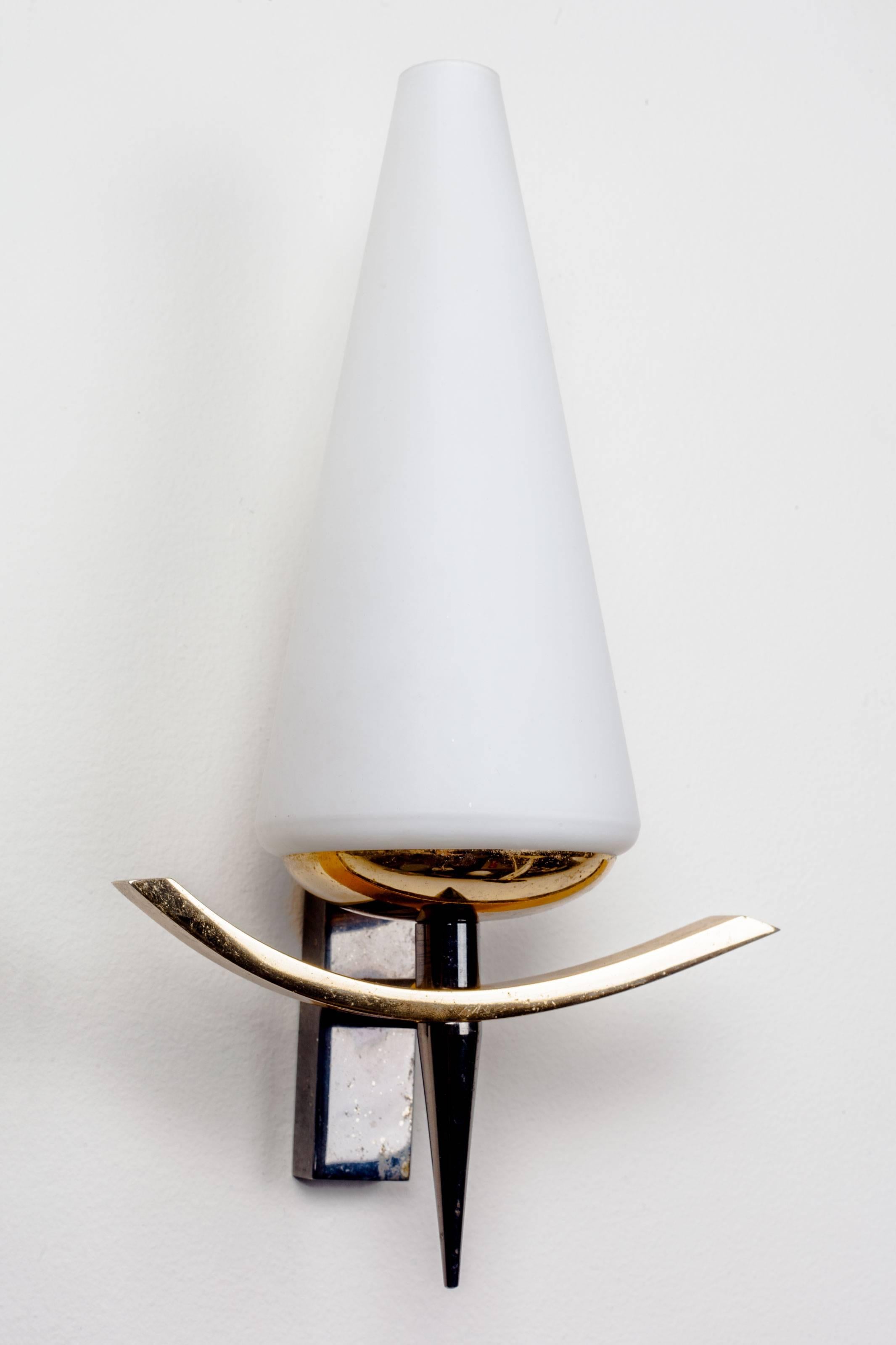 Mid-Century Modern Vintage French Sconces by Arlus with Conic White Glass Shades and Brass, 1950s