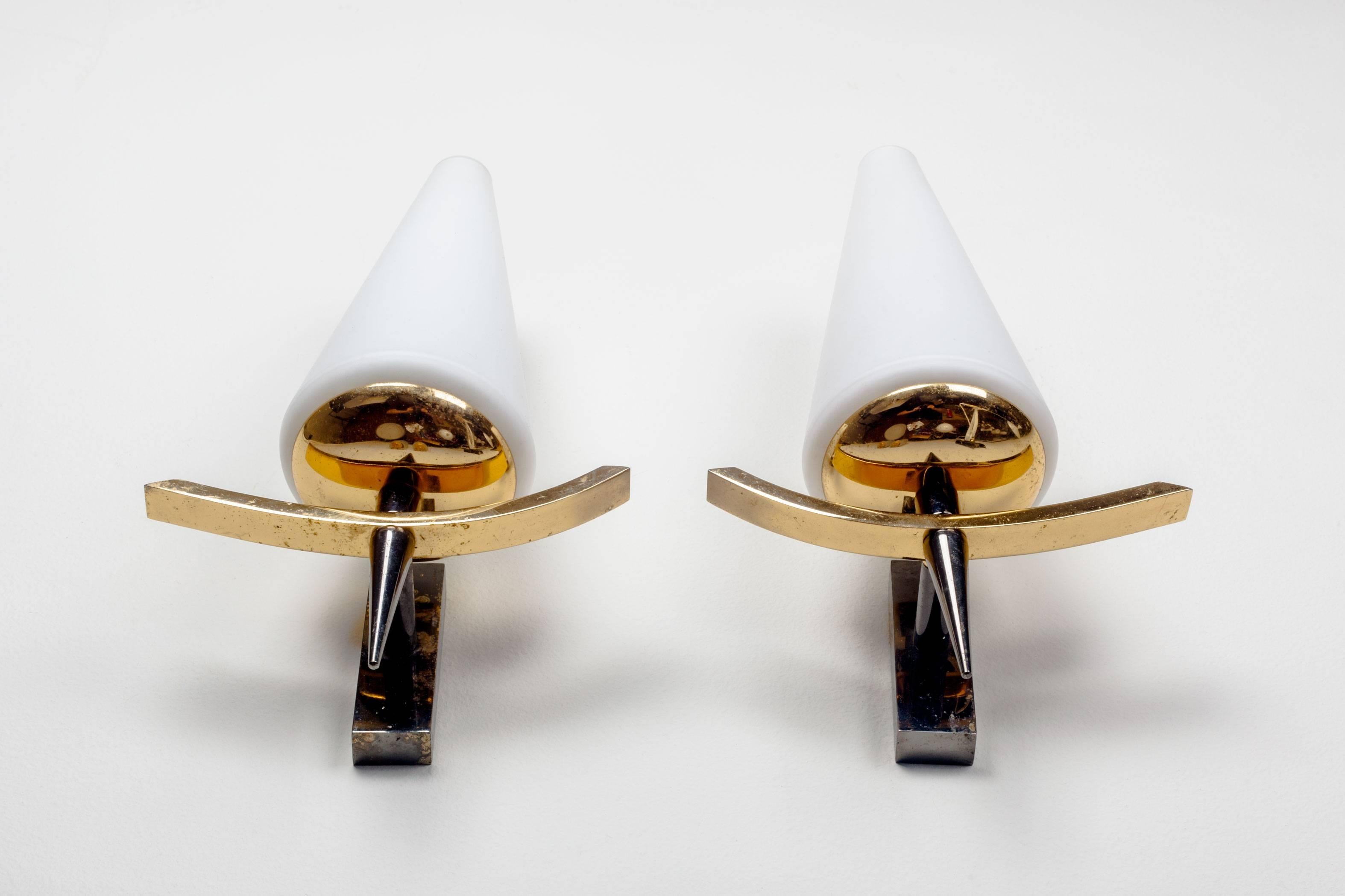 Mid-20th Century Vintage French Sconces by Arlus with Conic White Glass Shades and Brass, 1950s