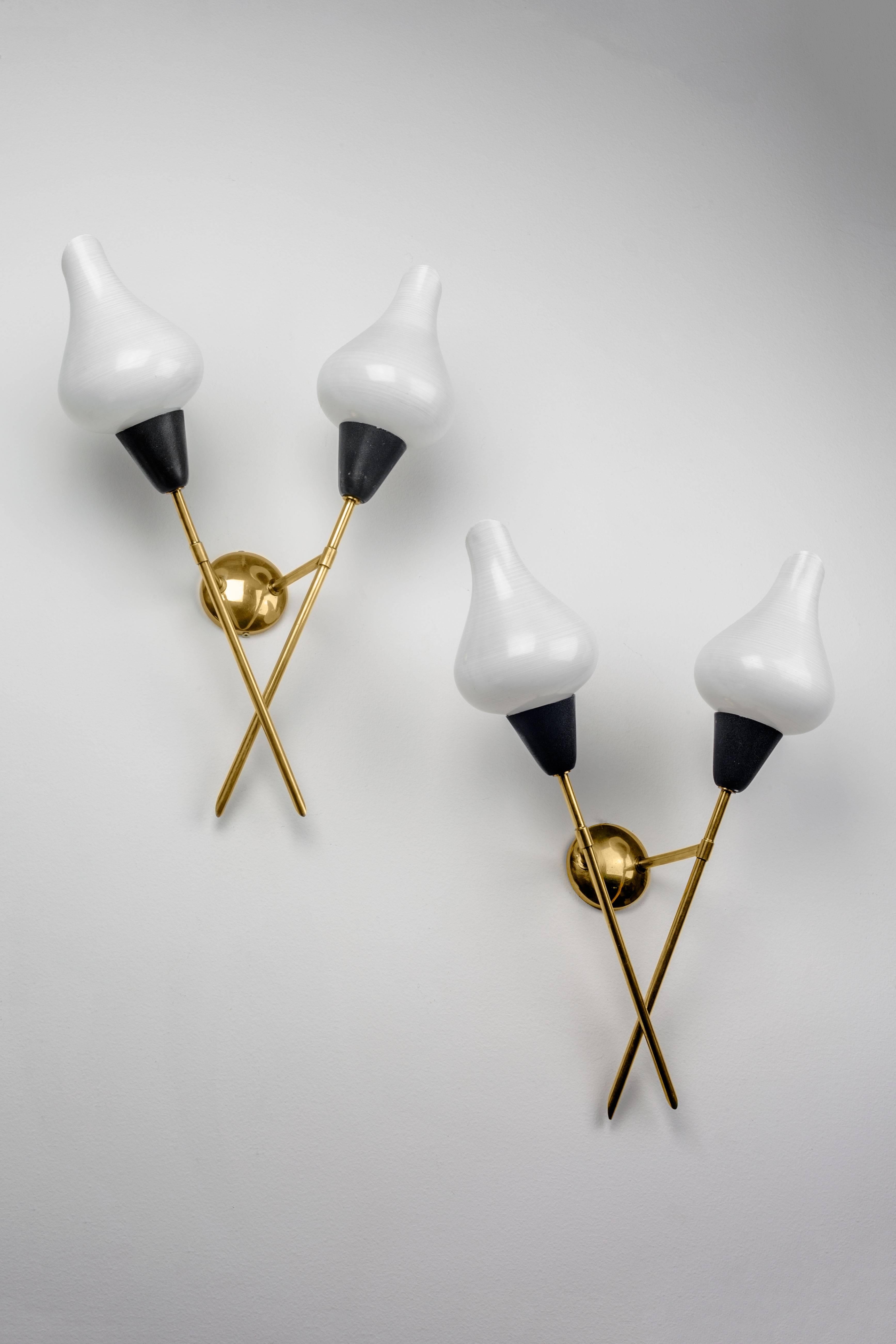 Midcentury French Arlus Sconces, Brass, Glass, 1950s 1
