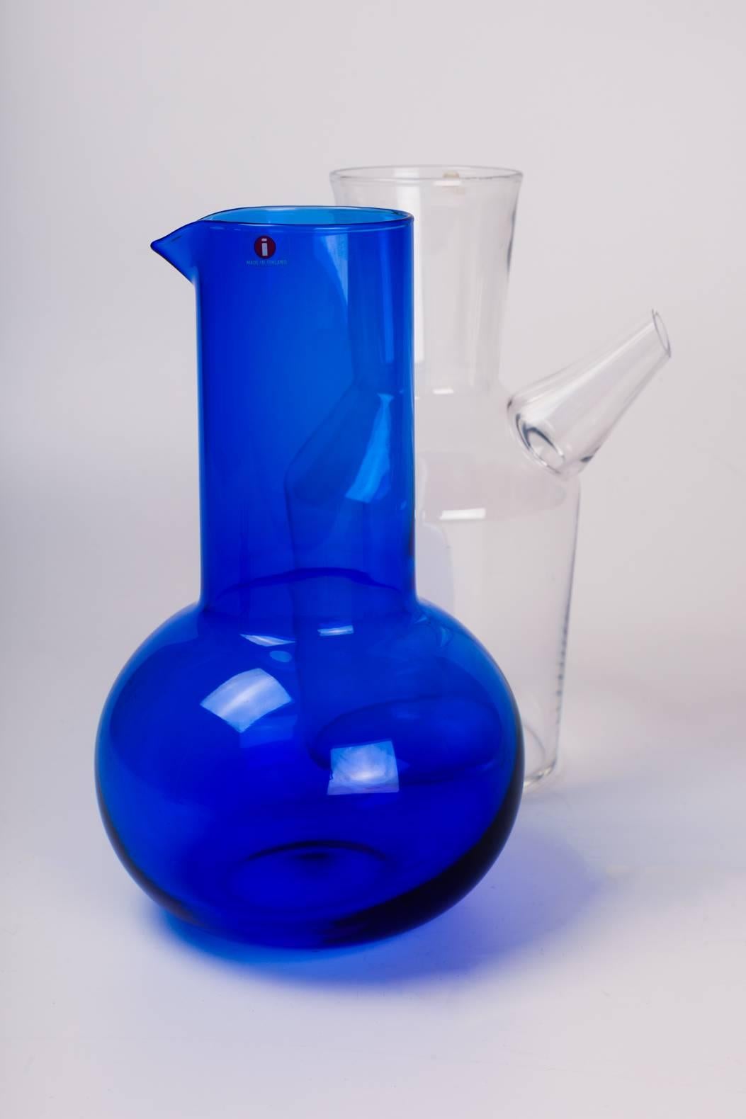 Scandinavian Modern Finnish Glass Carafe by Kaj Franck for Littala, Blue, 1960s