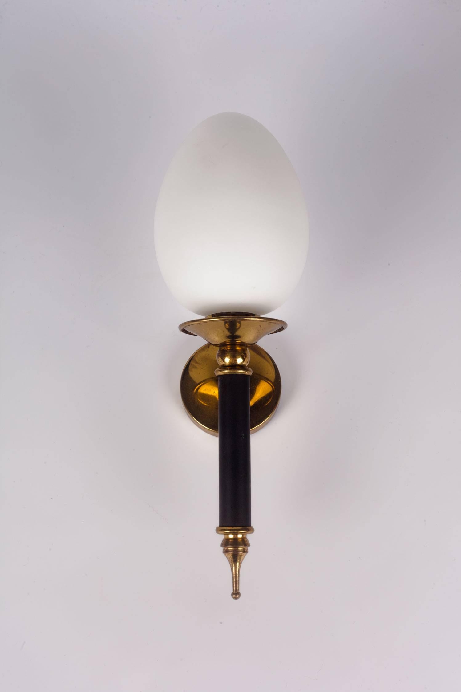 French Pair of Arlus Sconces, Brass and Milk Glass, France, 1950s