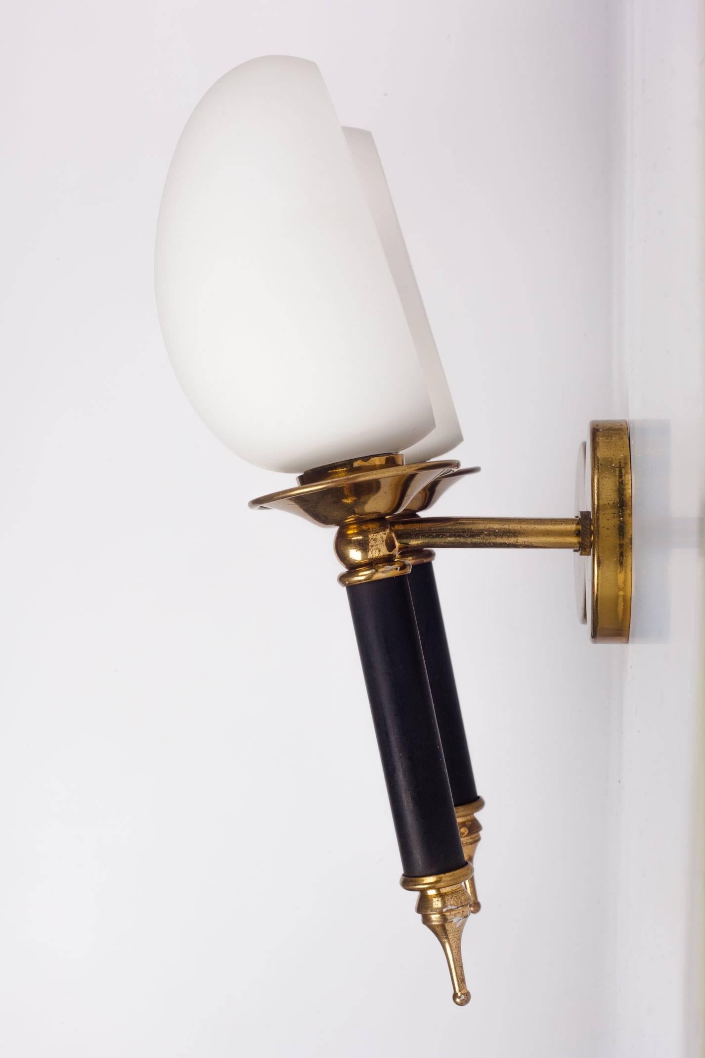 Pair of Arlus Sconces, Brass and Milk Glass, France, 1950s In Good Condition In Chicago, IL