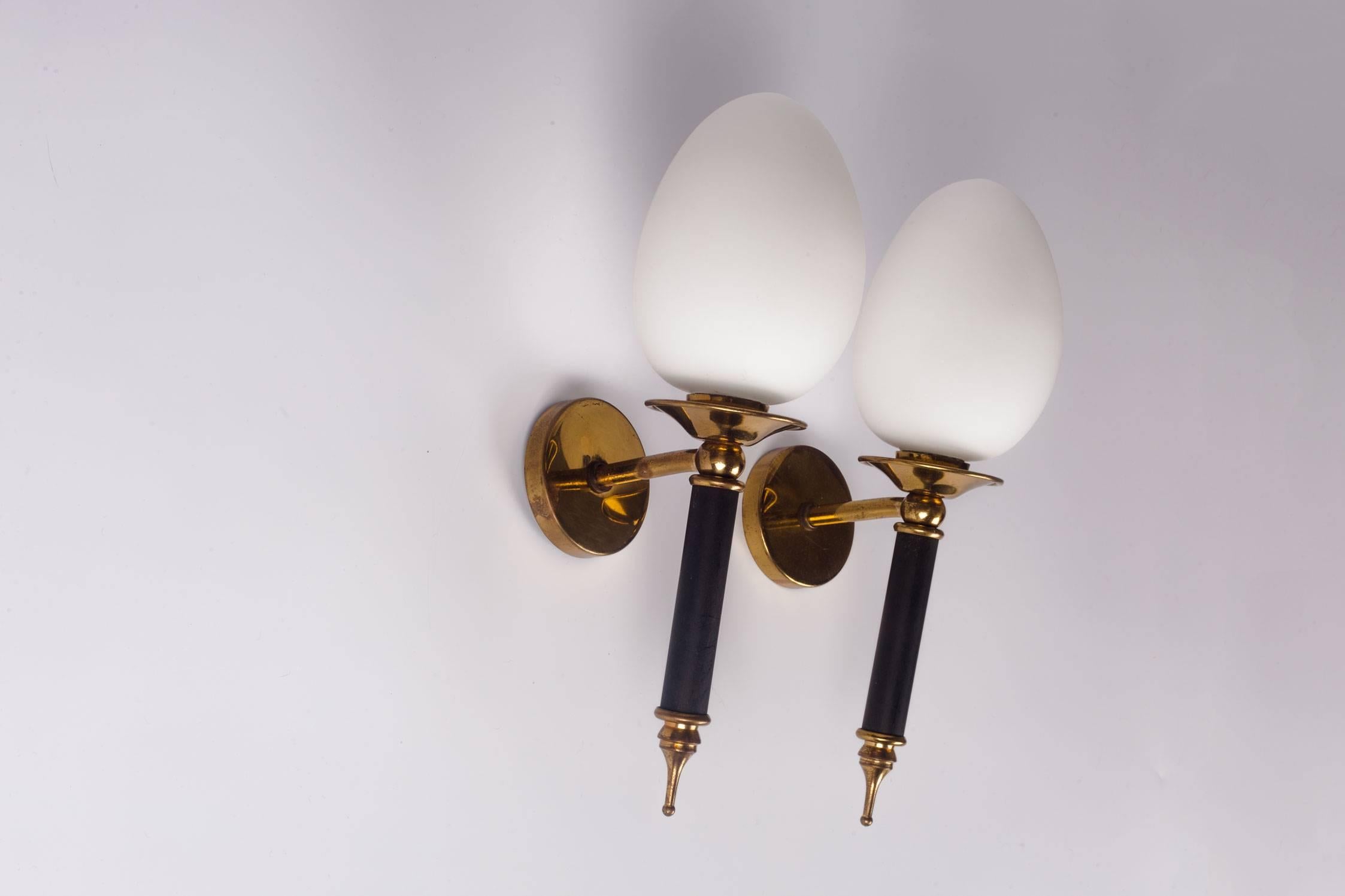 Metal Pair of Arlus Sconces, Brass and Milk Glass, France, 1950s