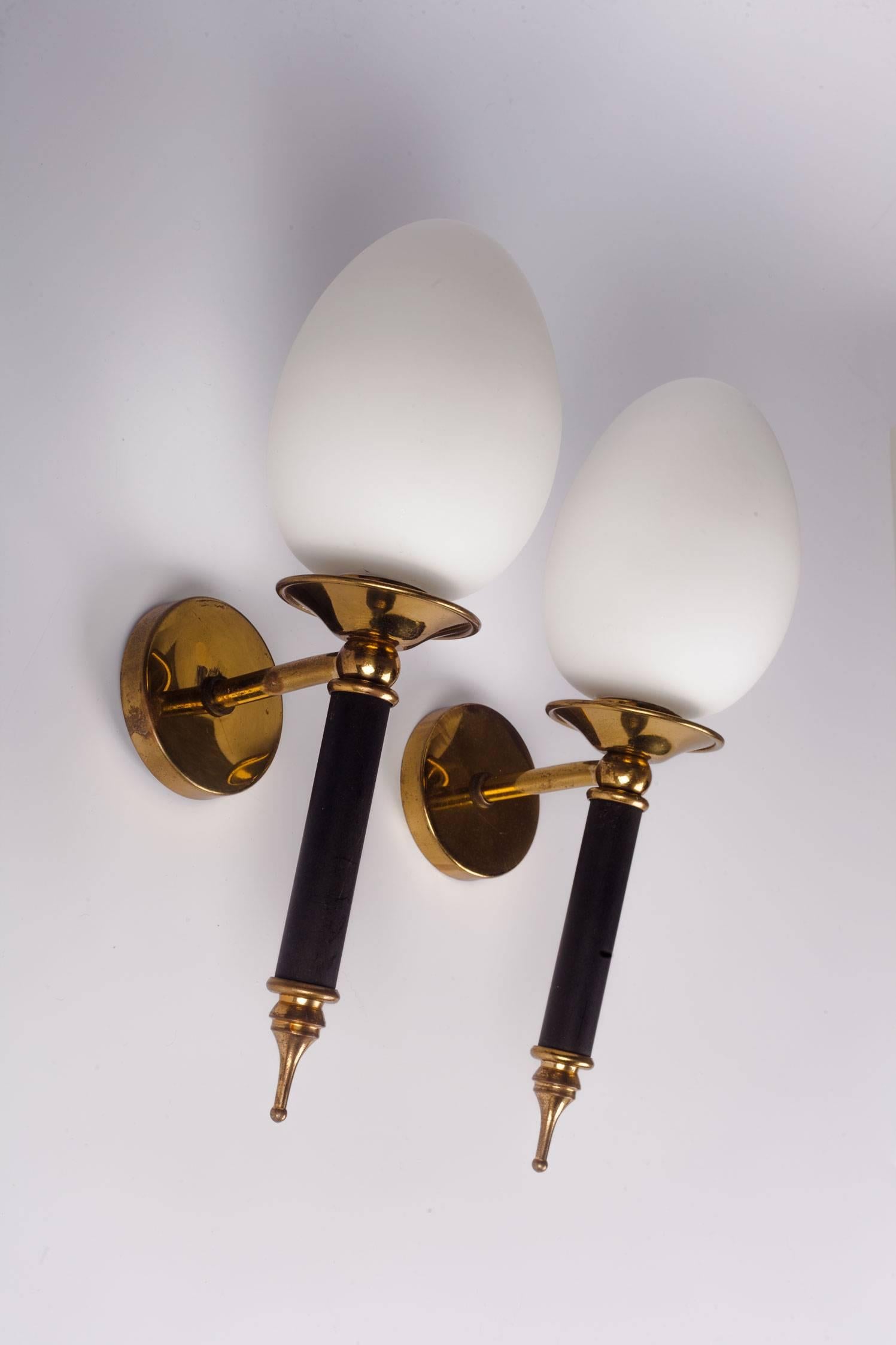 Pair of Arlus Sconces, Brass and Milk Glass, France, 1950s 2