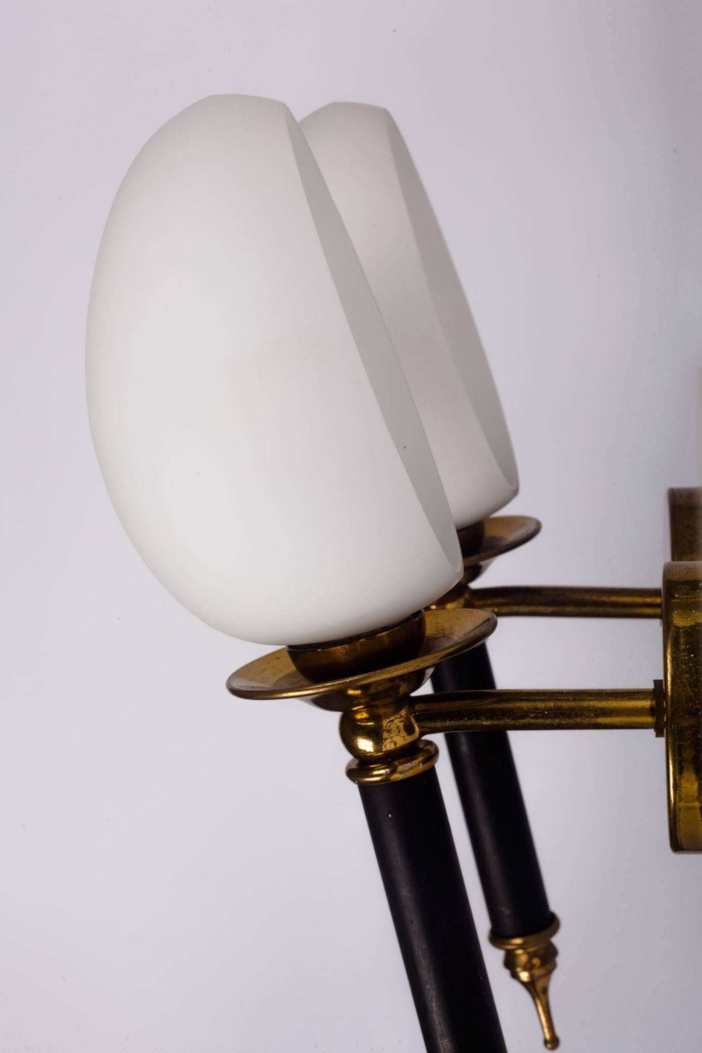 Mid-Century Modern Pair of Arlus Sconces, Brass and Milk Glass, France, 1950s