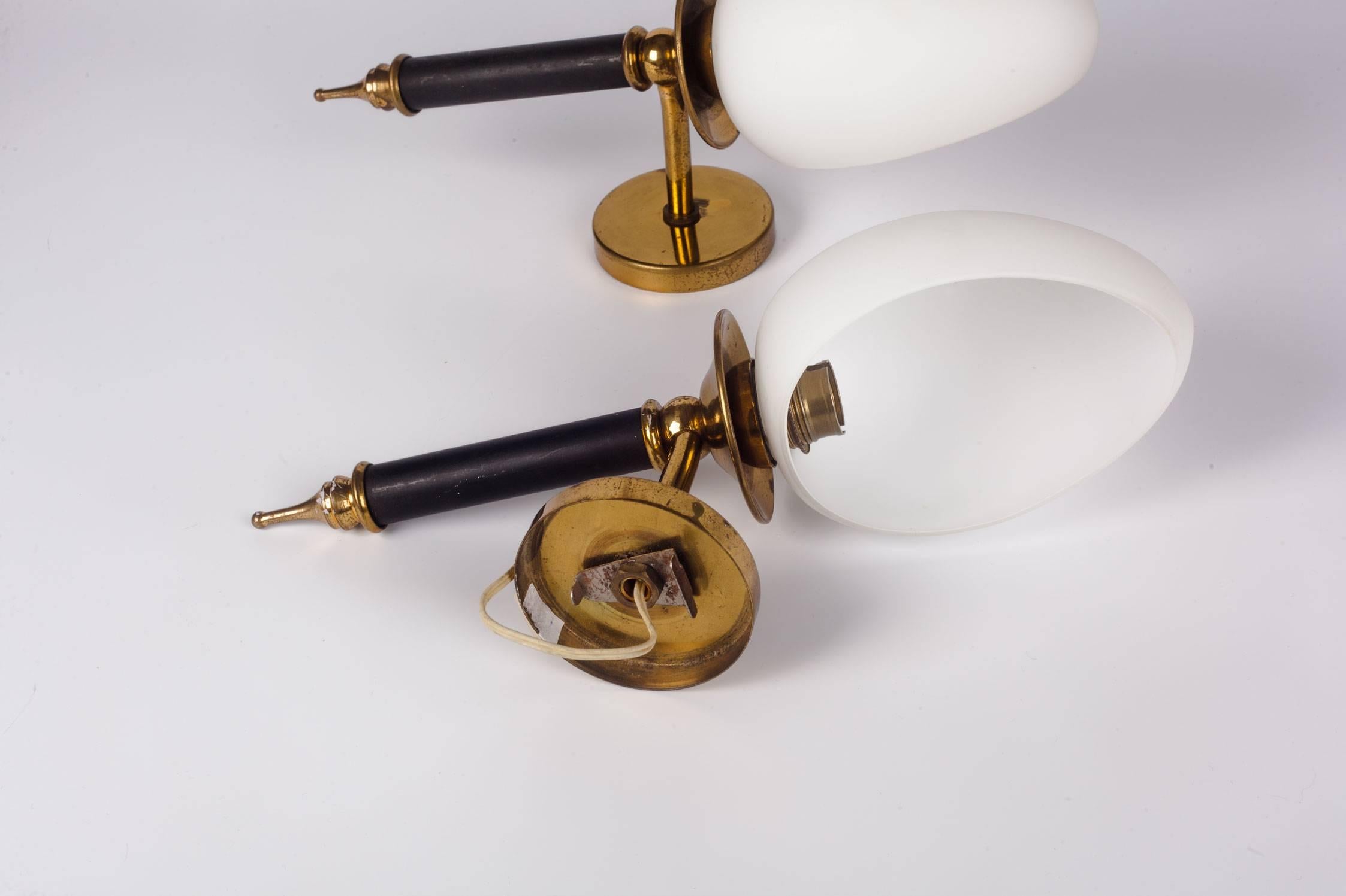 Mid-20th Century Pair of Arlus Sconces, Brass and Milk Glass, France, 1950s