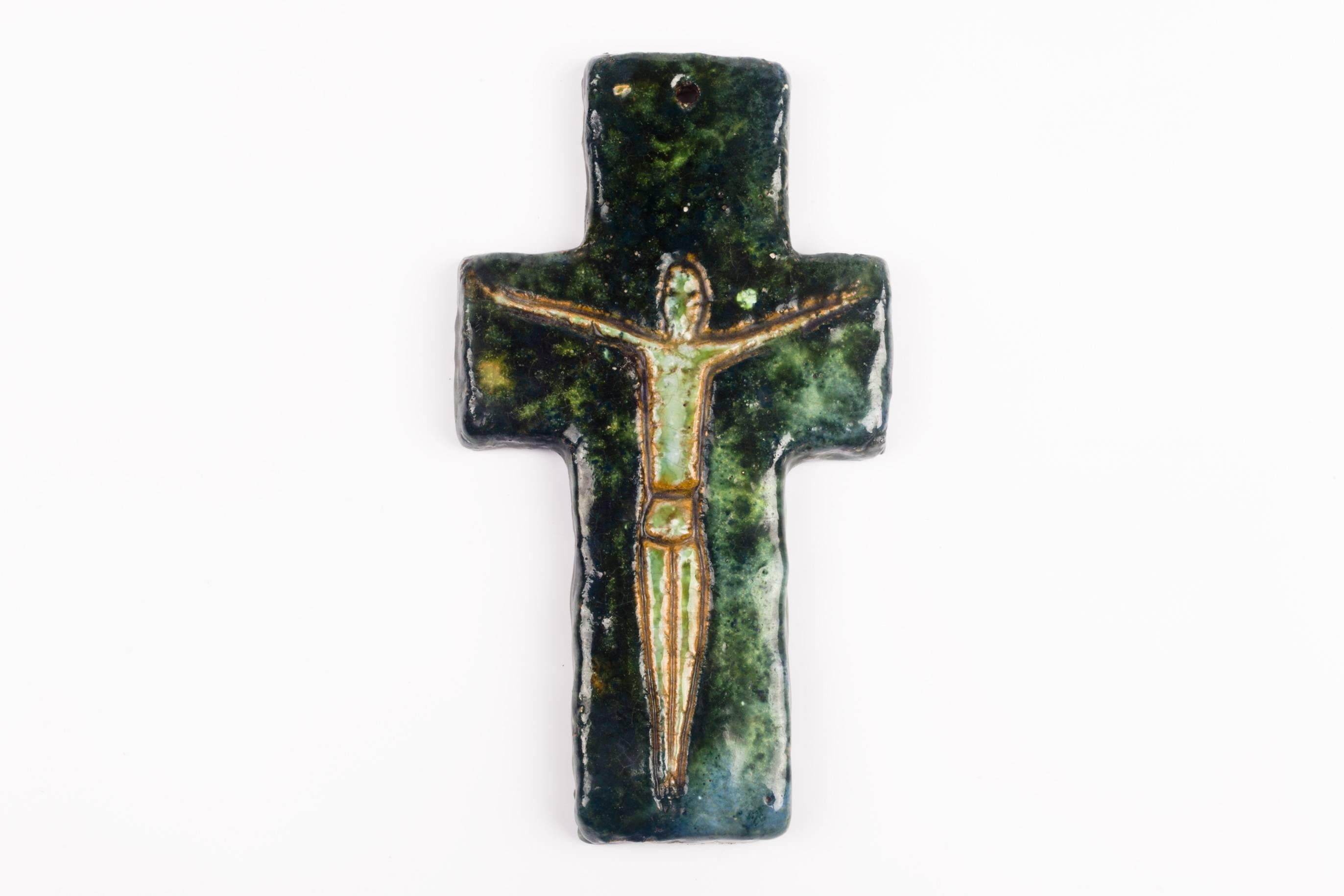 Industrial Wall Crucifix in Ceramic, Hand-Painted, Green, Brown, Made in Belgium, 1970s