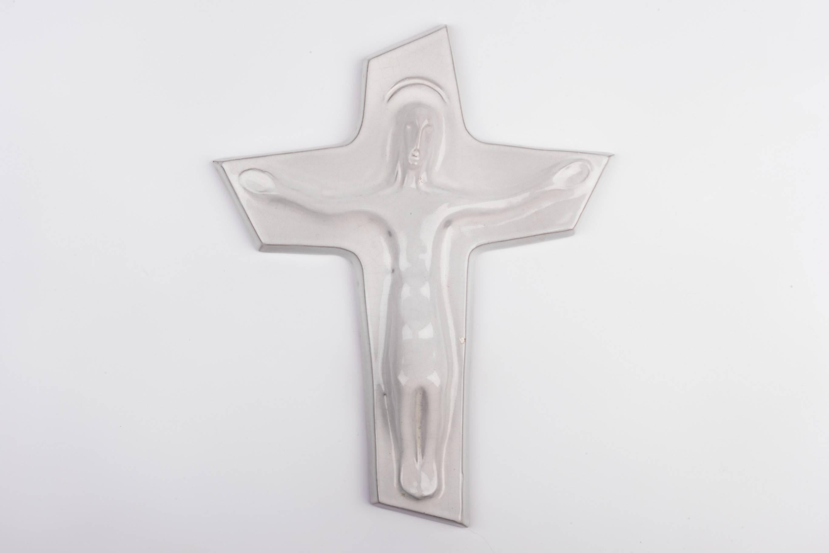 Belgian Wall Crucifix in Glazed Ceramic, Hand-Painted, White, Made in Belgium, 1950s For Sale