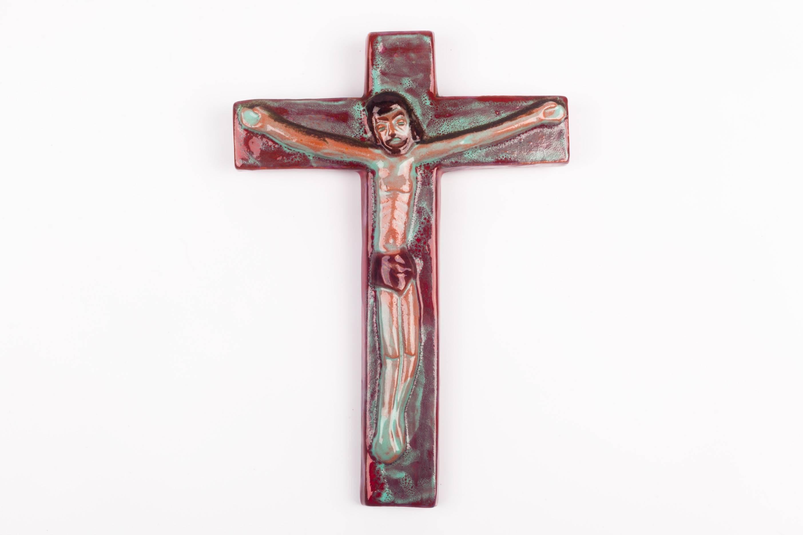 Post-Modern Wall Crucifix in Ceramic, Hand-Painted, Burgundy, Teal, Made in Belgium, 1960s