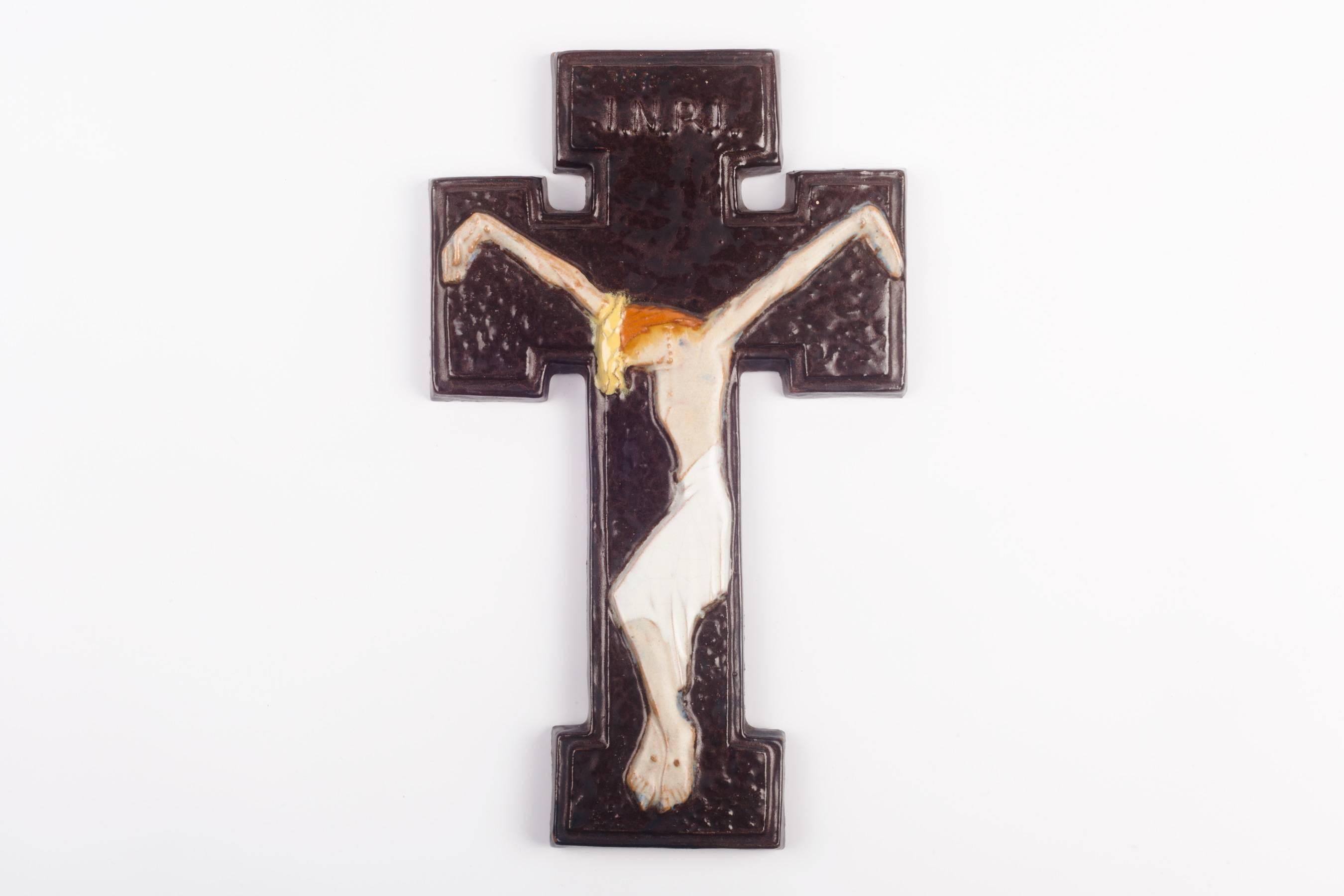Belgian Wall Crucifix in Ceramic, Hand-Painted, Orange, Brown, Made in Belgium, 1970s