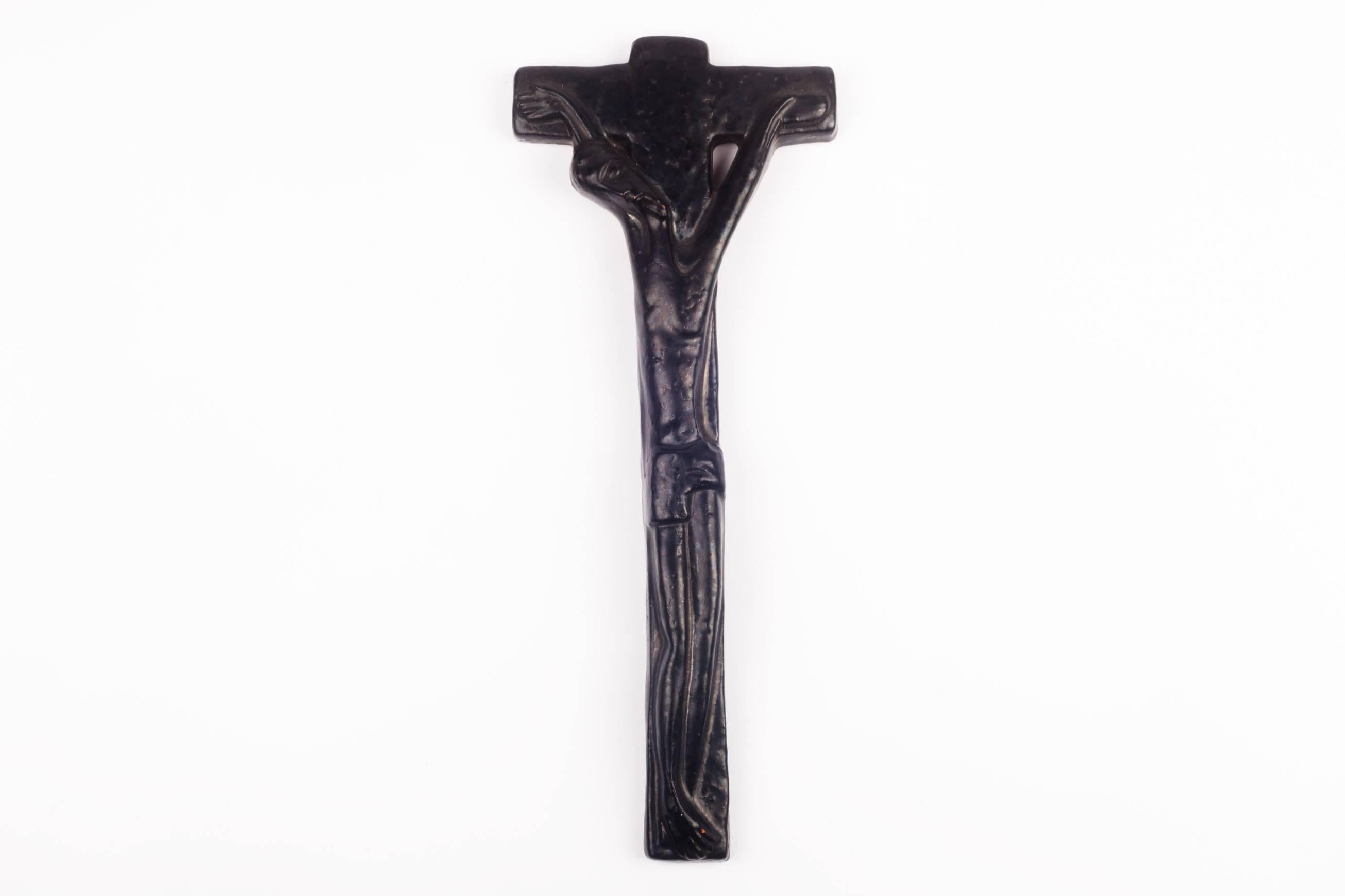 Minimalist Wall Crucifix in Glazed Ceramic, Black, Made in Belgium, 1950s For Sale