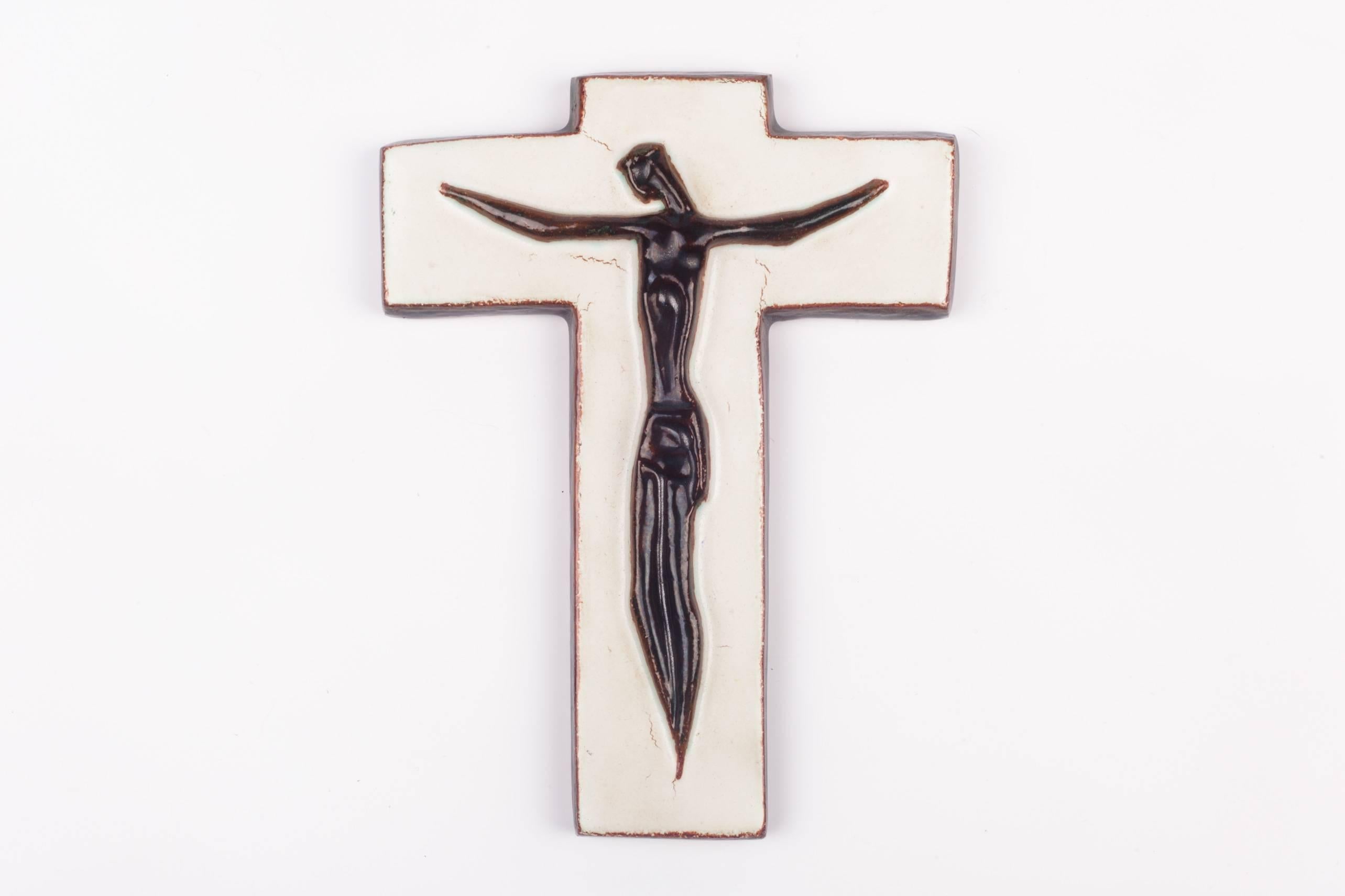 Glazed Wall Crucifix, Ceramic, Hand-Painted, White, Brown, Made in Belgium, 1950s