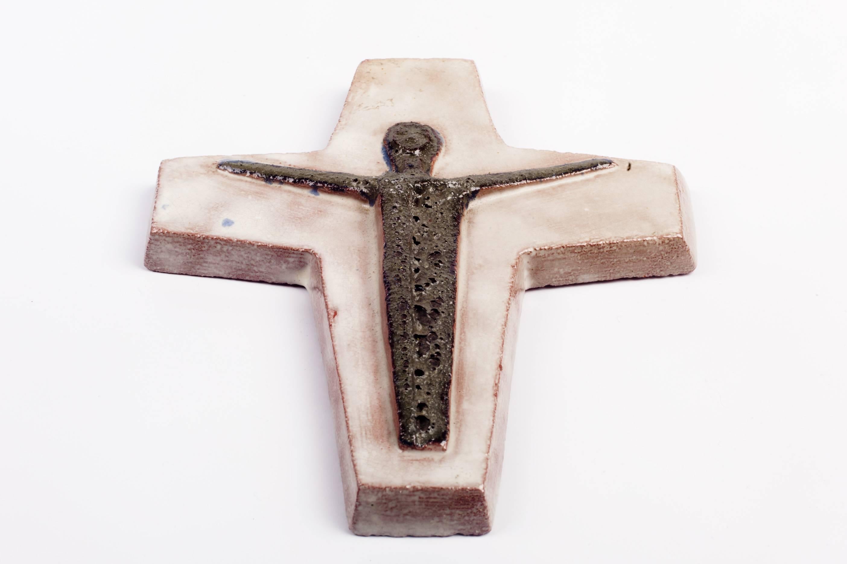 Space Age Wall Crucifix, Hand-Painted Ceramic White, Brown, Fat Lava, Belgium, 1970s For Sale