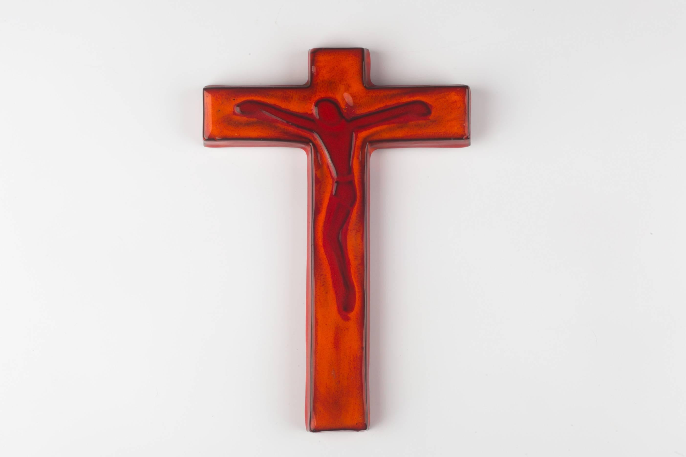 Post-Modern Wall Cross in Ceramic, Orange, Handmade, Belgium, 1960s For Sale