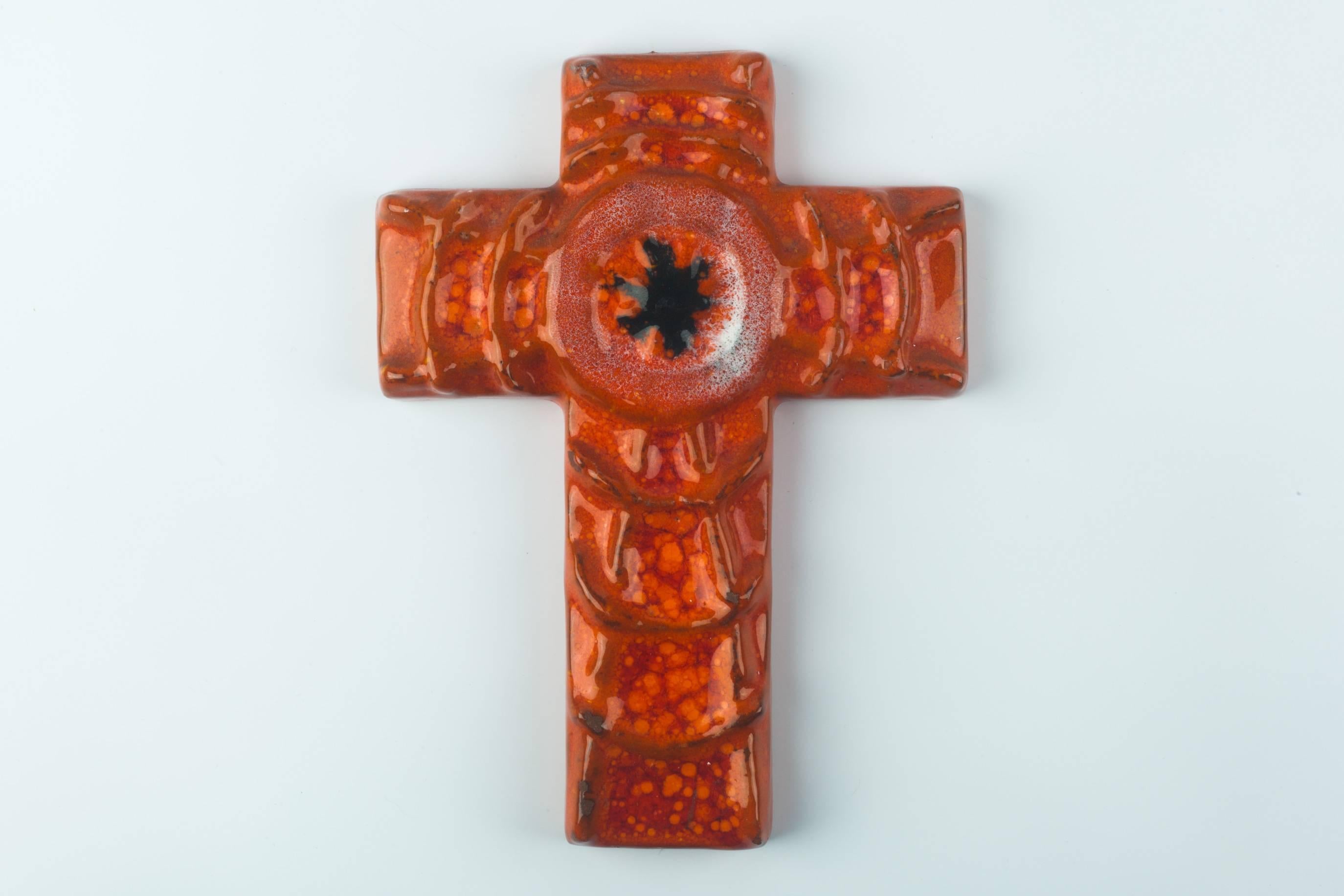 Glazed Wall Cross in Ceramic, Orange, Black, Handmade in Belgium, 1970s For Sale