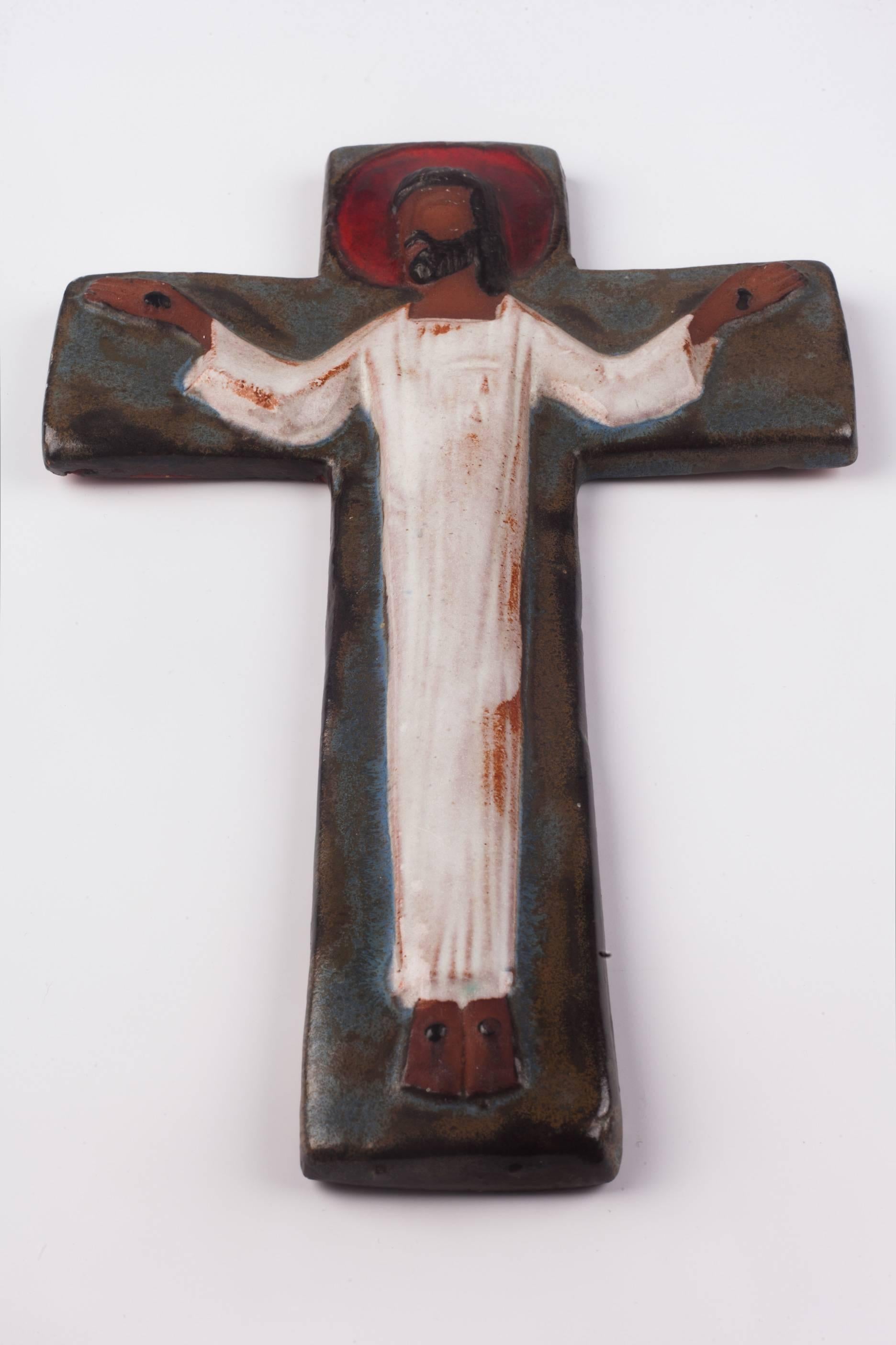 Bohemian Wall Cross in Ceramic, Brown, Blue, White, Red, Handmade in Belgium, 1970s