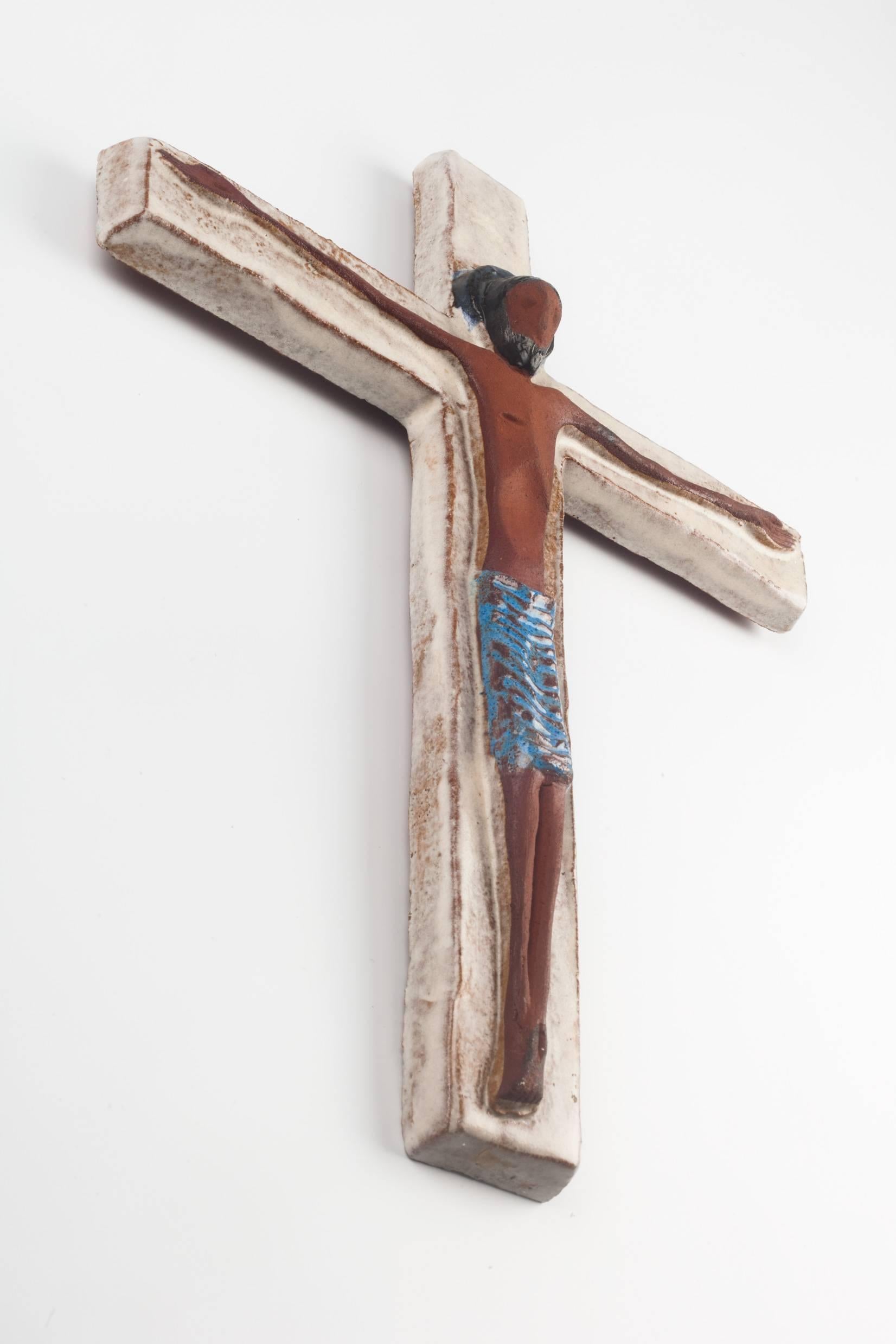 Country Large Wall Cross, White, Blue, Black Painted Ceramic, Handmade in Belgium, 1960s