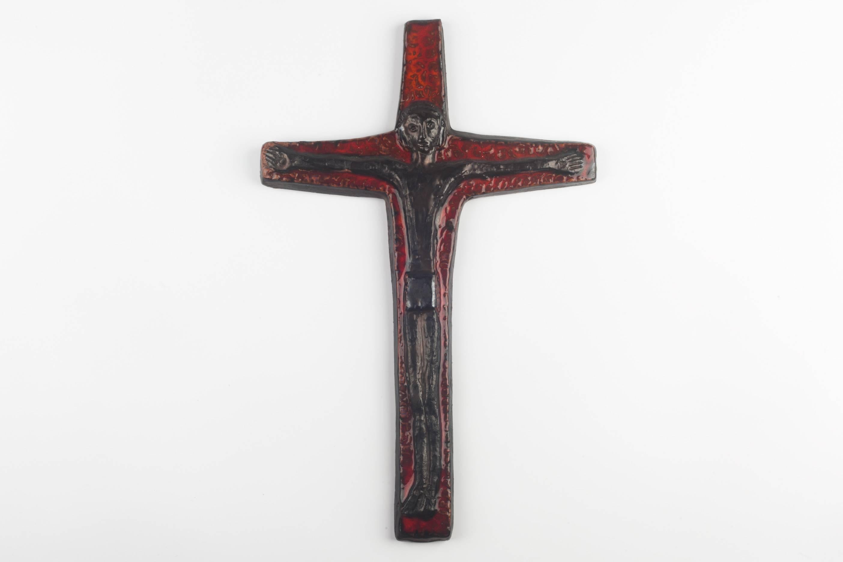 Adirondack Large Wall Cross, Red, Black Painted Ceramic, Handmade in Belgium, 1950s
