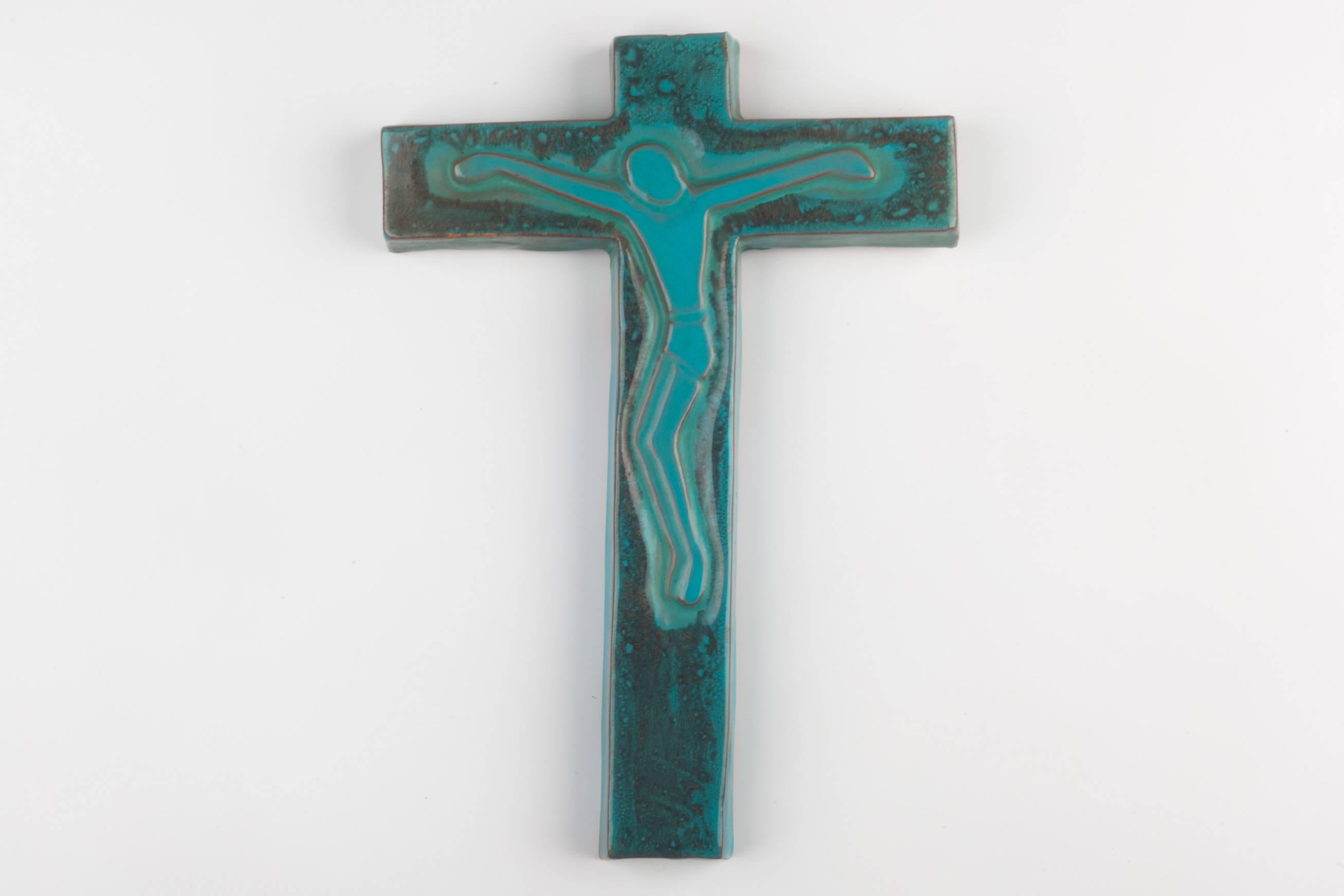 Belgian Wall Cross, Blue Painted Ceramic, Handmade in Belgium, 1970s