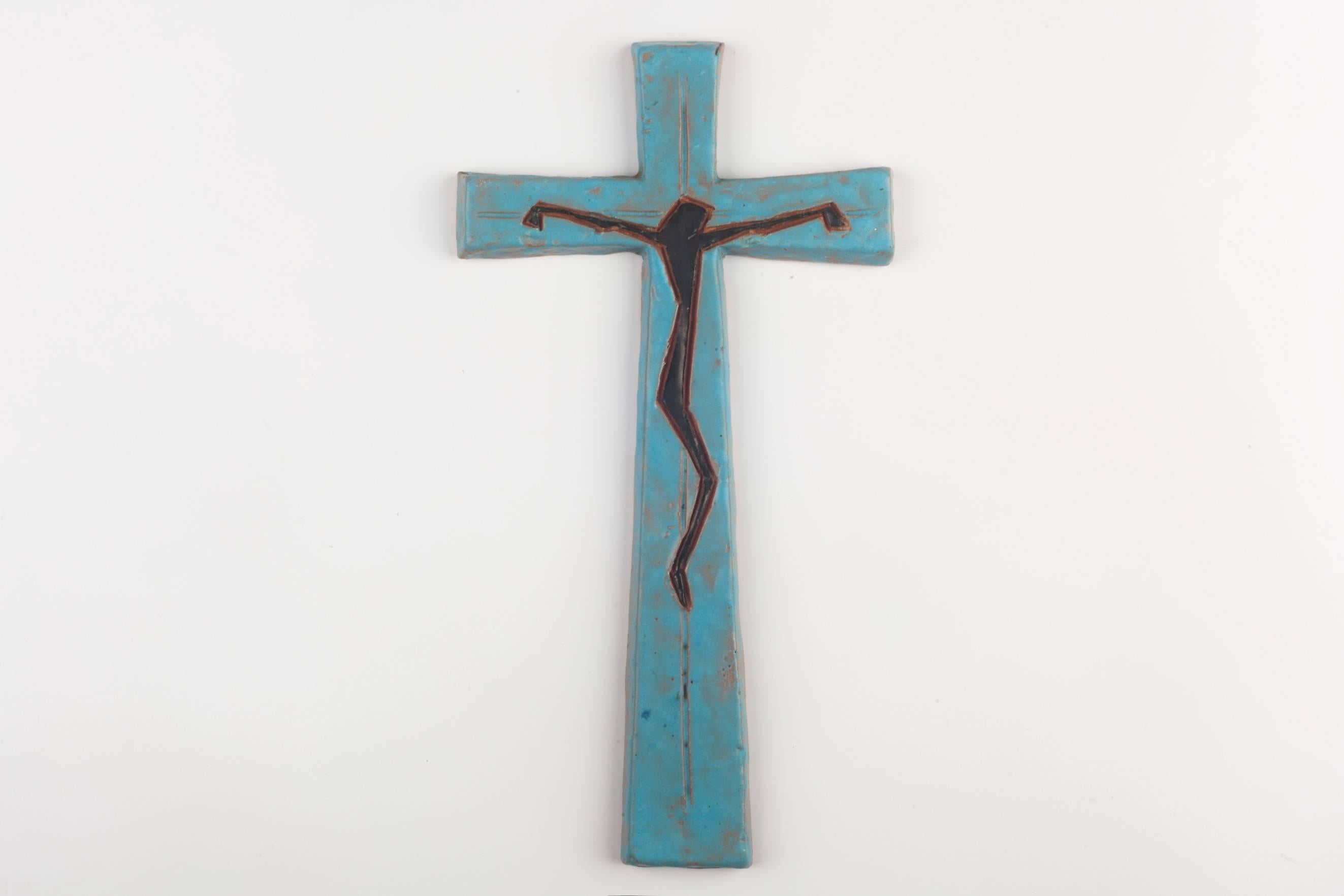 Post-Modern Wall Cross, Blue, Black, Brown Painted Ceramic, Handmade in Belgium, 1970s
