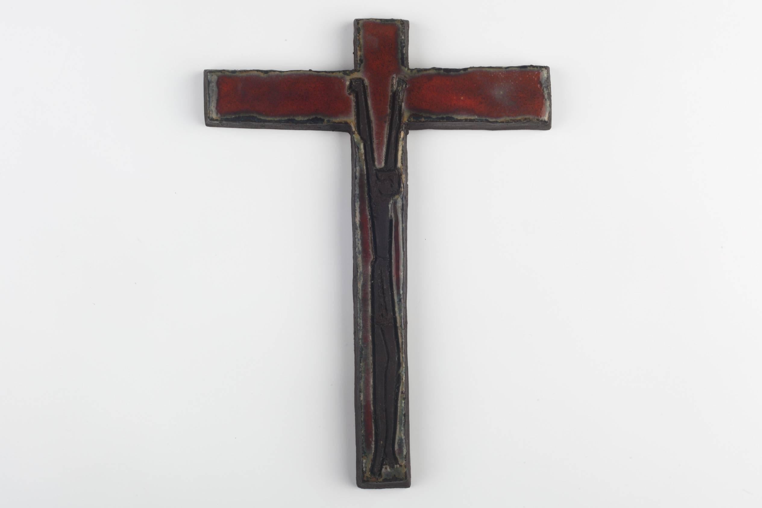 Belgian Wall Cross, Red, Black Painted Ceramic, Handmade in Belgium, 1960s For Sale