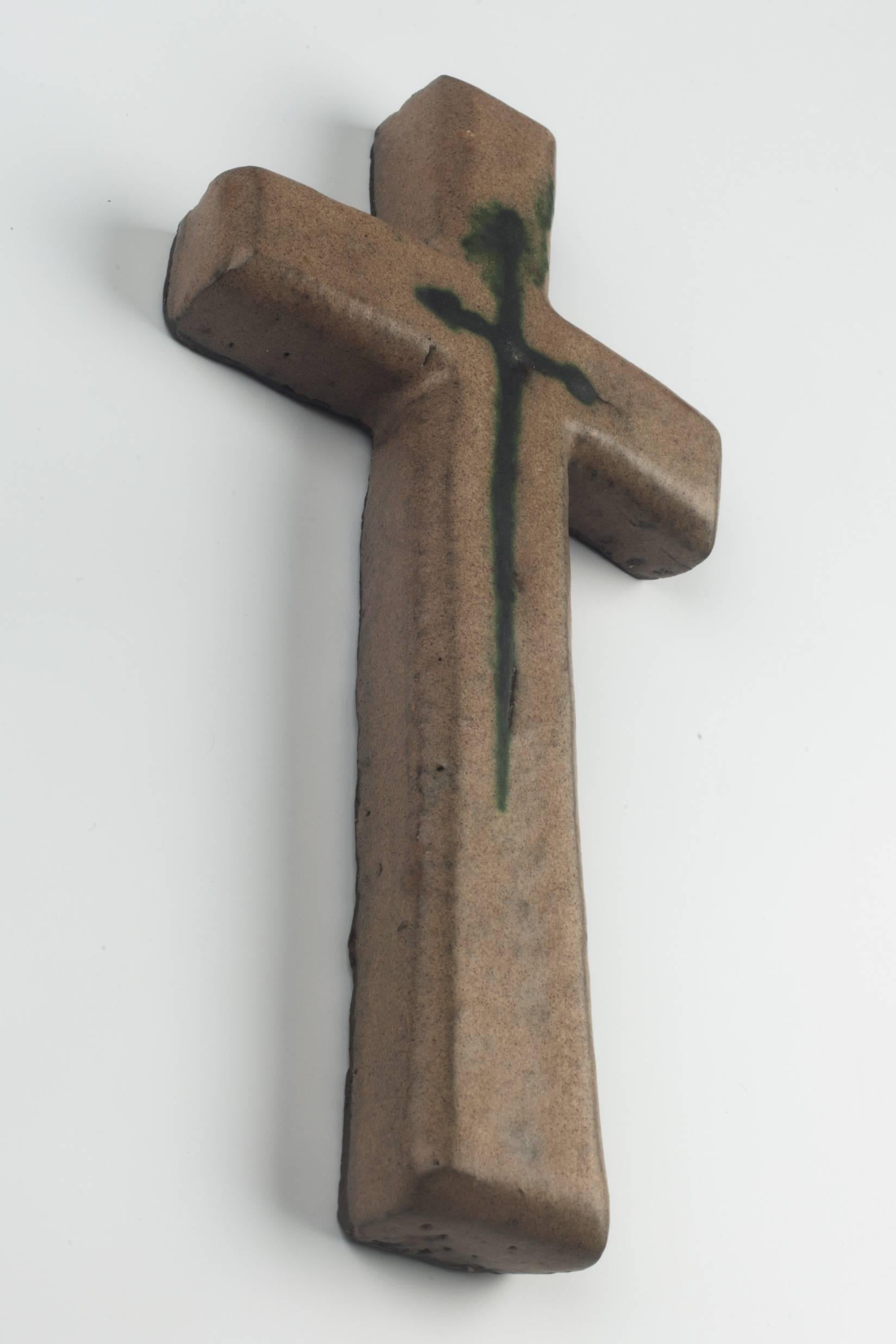 Bohemian Wall Cross, Beige and Blue Painted Ceramic, Handmade in Belgium, 1970s For Sale