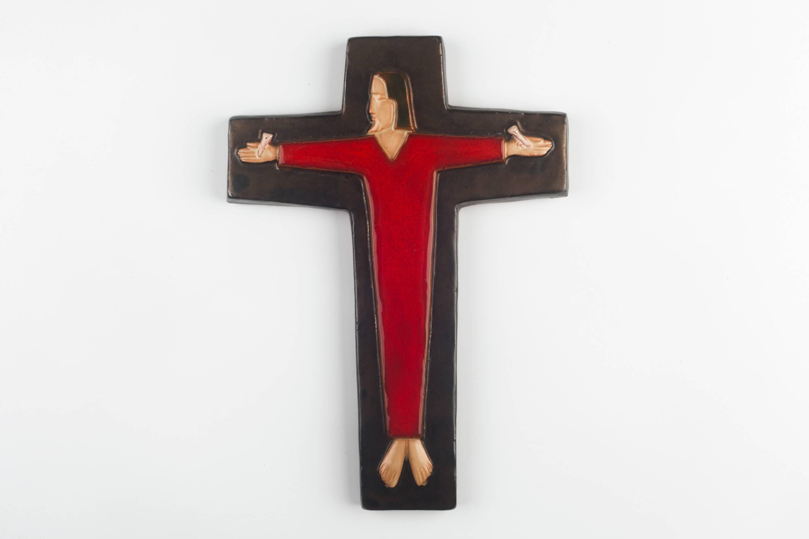 Belgian Wall Cross, Brown, Red Painted Ceramic, Handmade in Belgium, 1970s