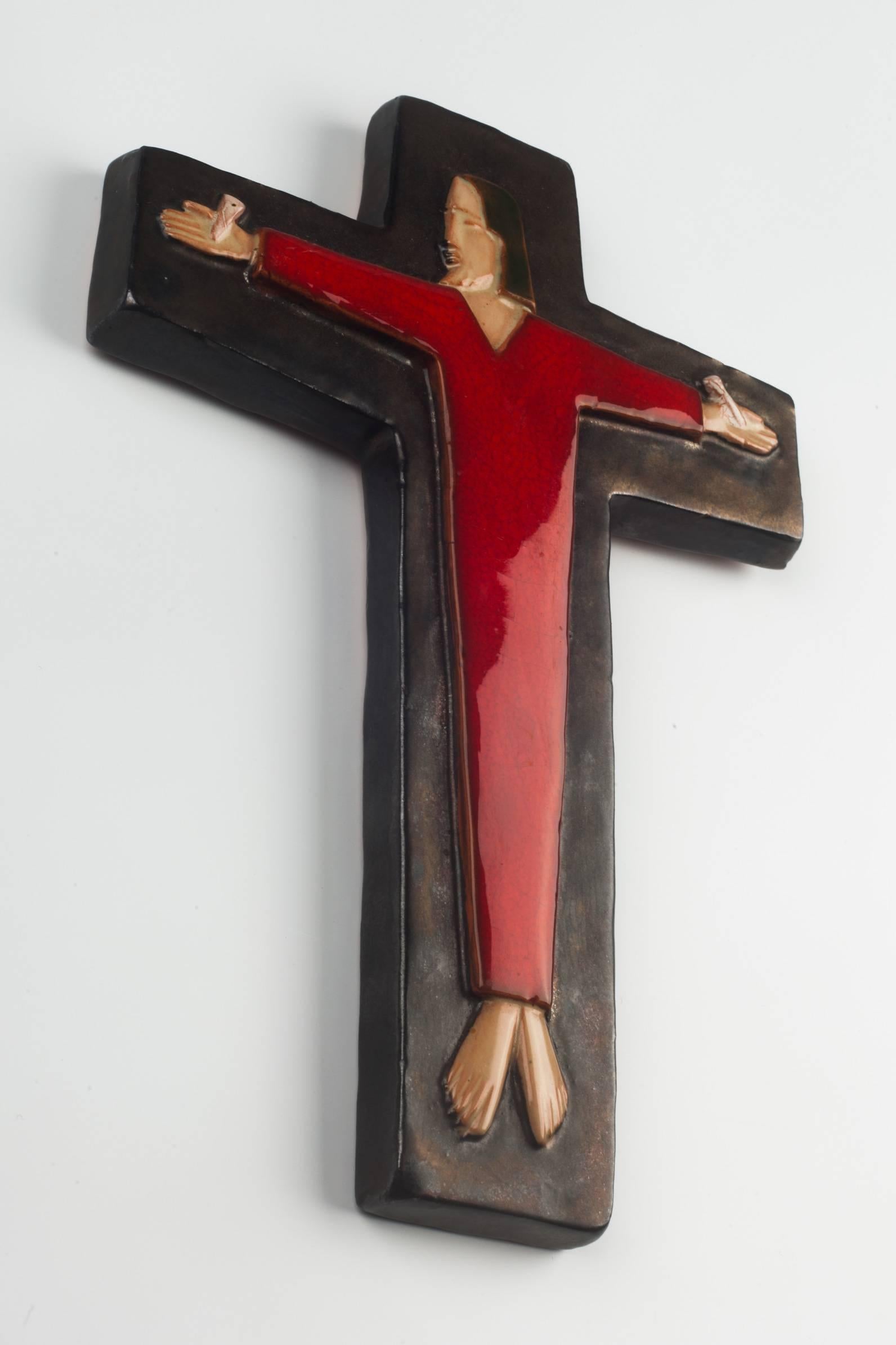 Mid-Century Modern Wall Cross, Brown, Red Painted Ceramic, Handmade in Belgium, 1970s