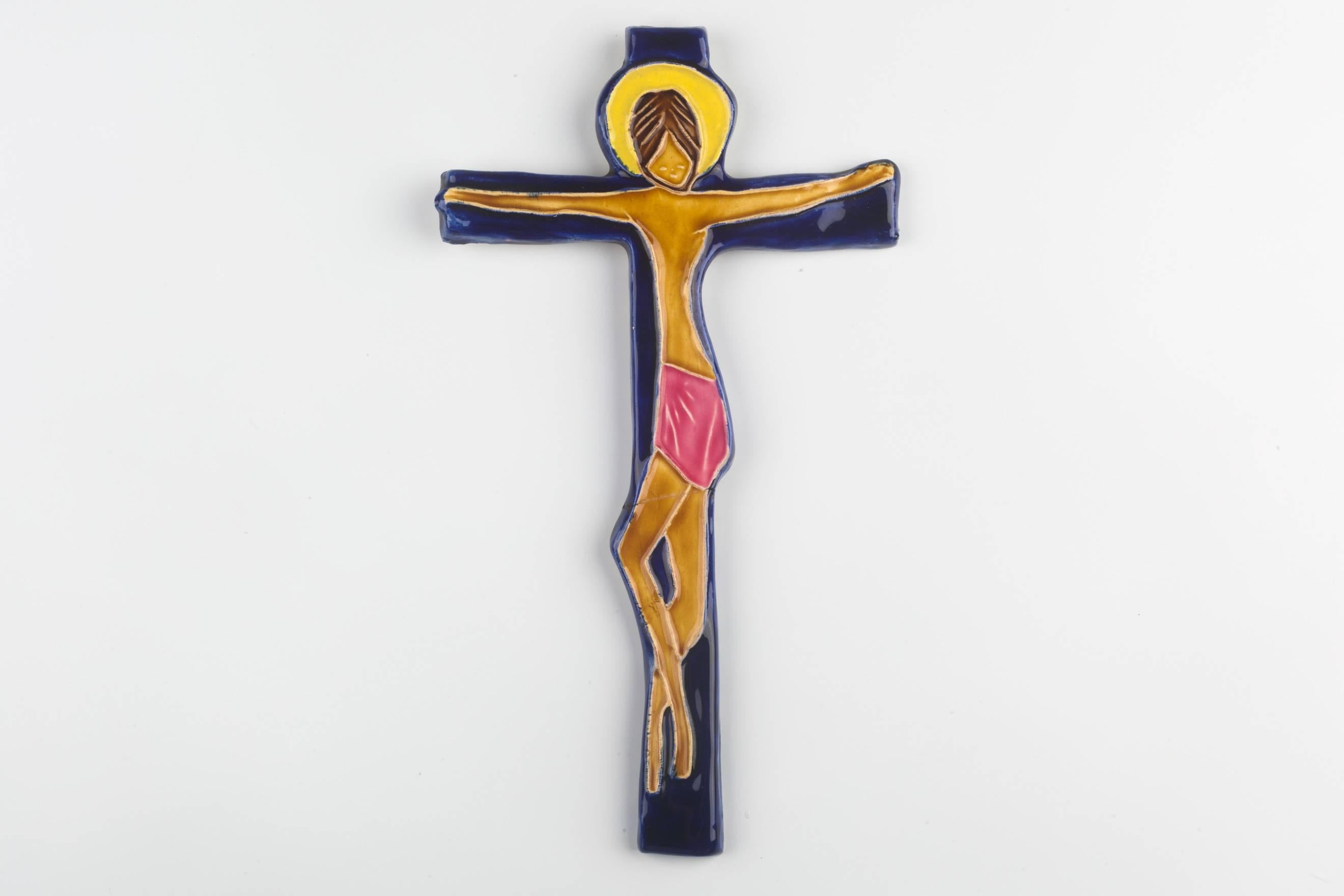 Belgian Wall Cross, Blue, Pink Yellow Painted Ceramic, Handmade in Belgium, 1960s For Sale